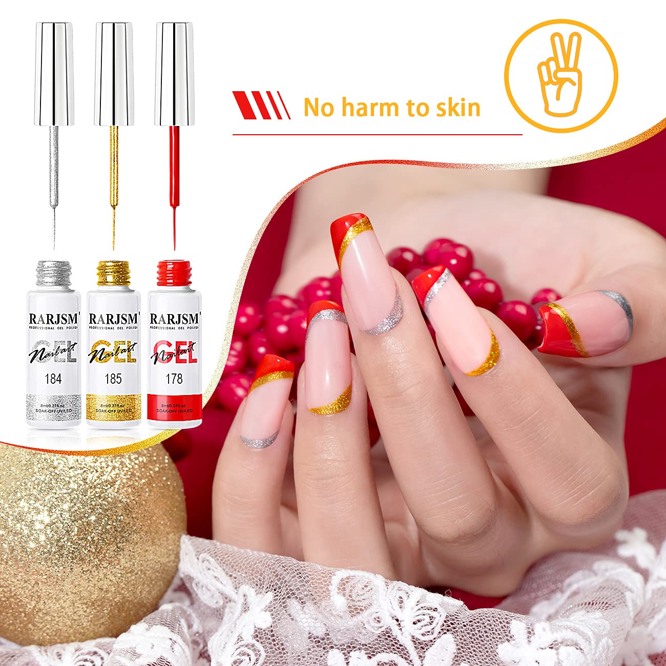 RARJSM Painting Drawing Liner Pen Gel Nail Polish Set,Silver Gold Glitter Dark Green Red White Nail Art Design UV Led Gel Polish Kit,DIY 3D Gel Nail Paint Pull Line Pen Tool for Nail Manicure