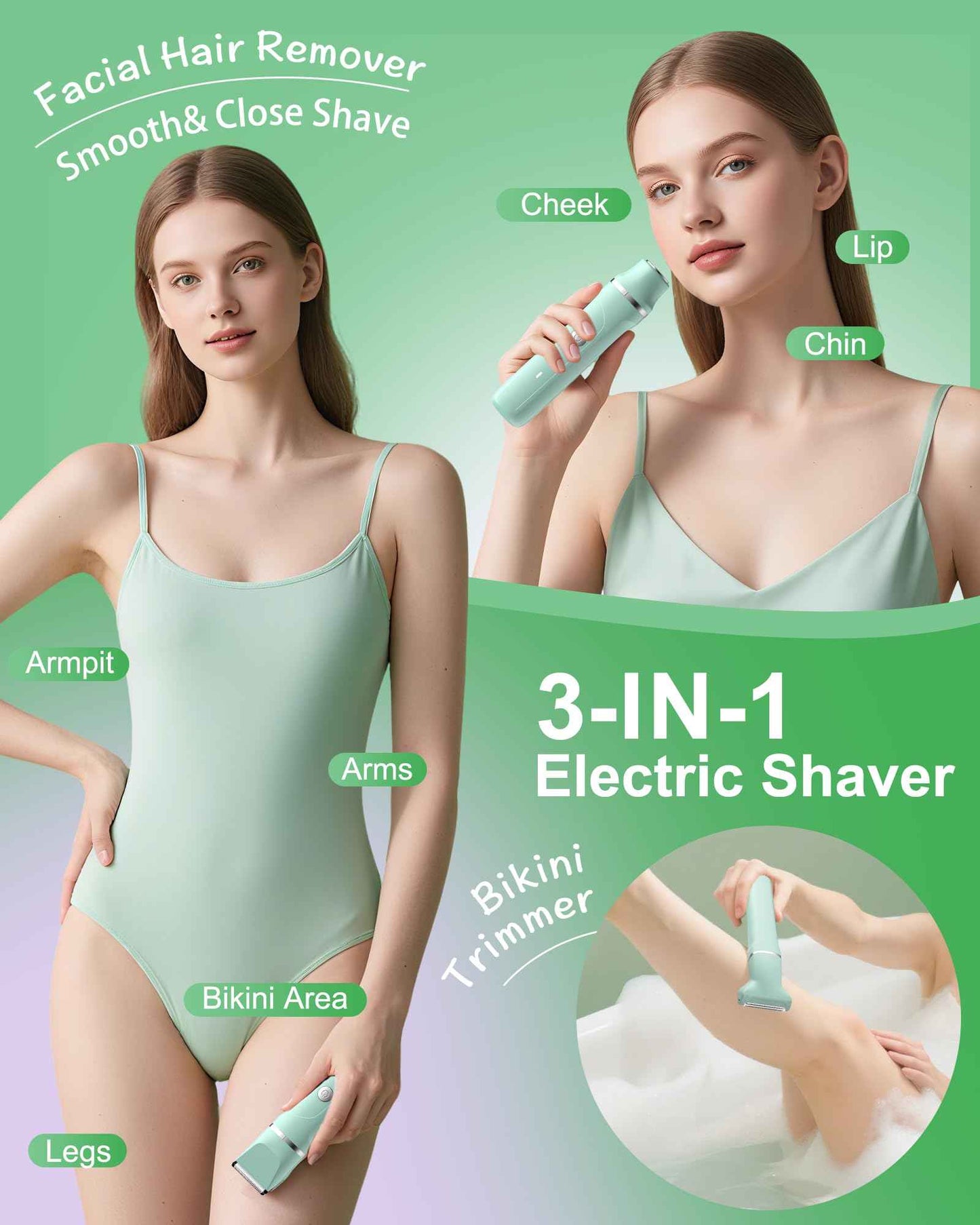 Electric Shaver for Women,3-in-1 Bikini Trimmer for Women & Body Shaver, IPX7 Waterproof,Hypoallergenic Ceramic Blades,USB-C Fast Charging,Travel Trimmer for Face, Legs,Bikini Line & Foil,Green