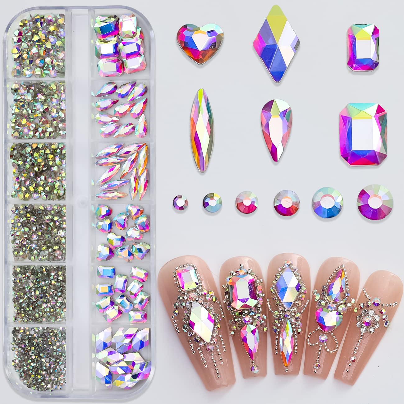 Nail Art Rhinestones Set, 12 Types Nail Art Rhinestones Kit, Nail Flat Rhinestones, Round Beads Crystals Multi Shapes Glass Crystal Rhinestones for DIY Nail Art Craft (KT-35-Crystal AB)