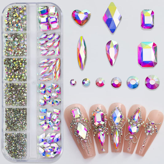 Nail Art Rhinestones Set, 12 Types Nail Art Rhinestones Kit, Nail Flat Rhinestones, Round Beads Crystals Multi Shapes Glass Crystal Rhinestones for DIY Nail Art Craft (KT-35-Crystal AB)