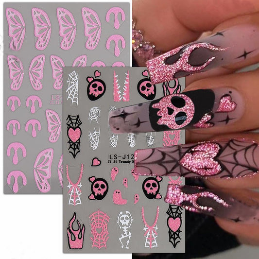 4 Sheet Halloween Nail Art Stickers Halloween 3D Self-Adhesive Cartoon Nail Stickers Decals Cute Butterfly Flame Heart Spider Web Skull Designs Halloween Nail Decorations DIY Nail Supplies for Women