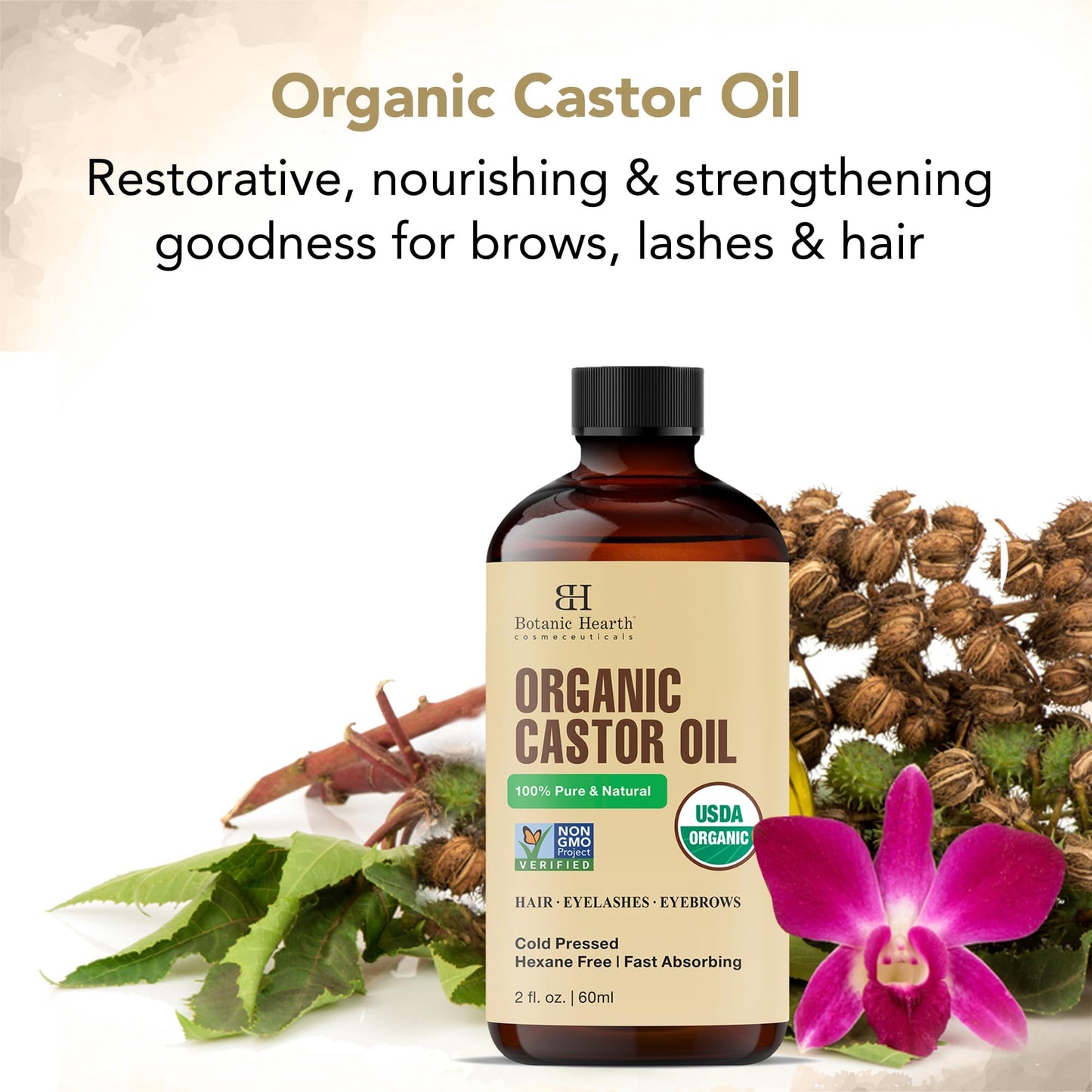 Botanic Hearth Castor Oil | USDA Certified Organic |100% Pure & Hexane Free | Cold Pressed | Growth for Eyelashes, Eyebrows, Hair | With Eyebrow & Eyelash Brush | (Glass Bottle 2fl oz)