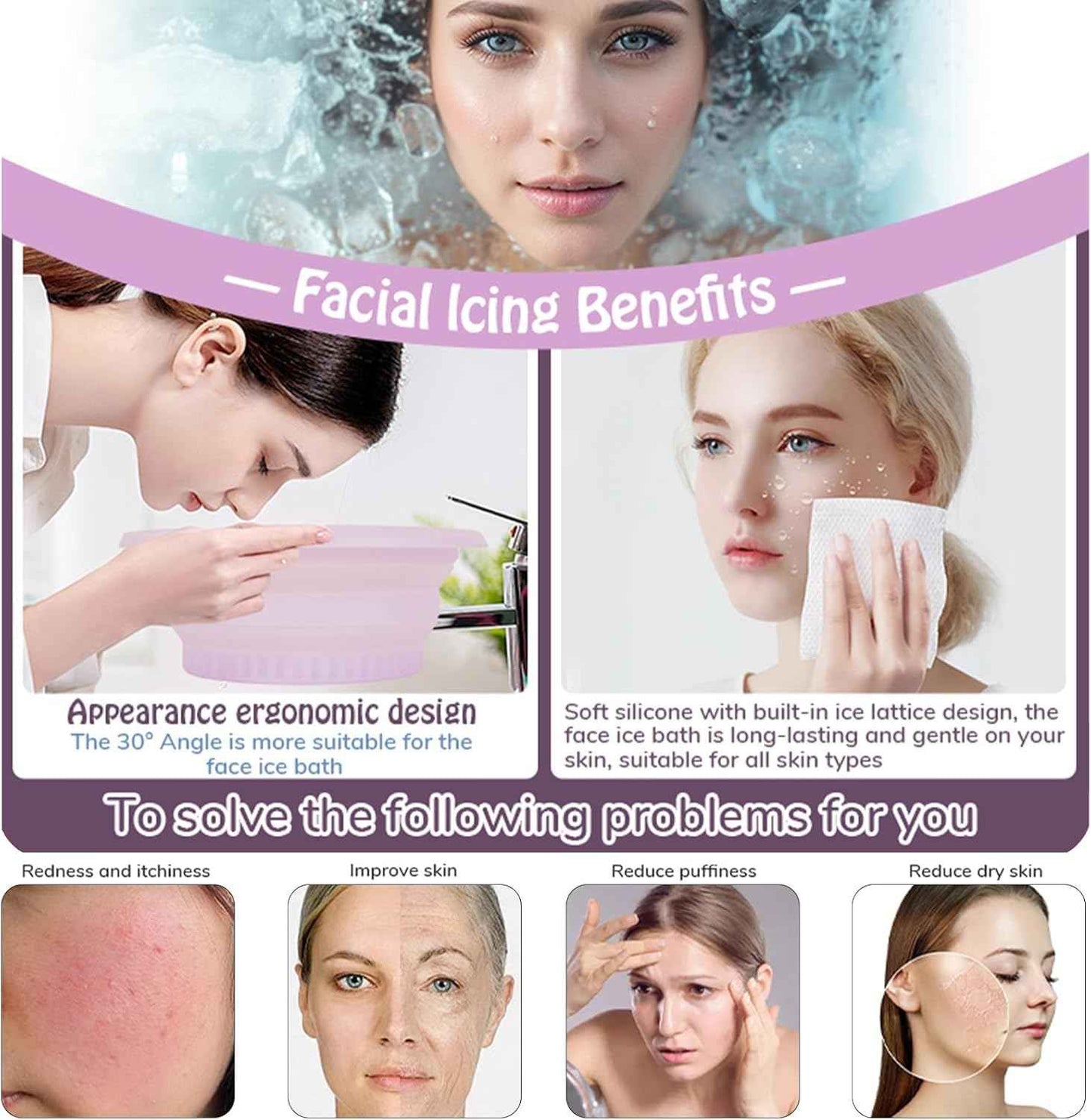 Portable Ice Bath Bowl for Face - Collapsible Silicone Bowl with Built-In Ice Tray for Acne Relief for Home, Travel & Parties (Purple)