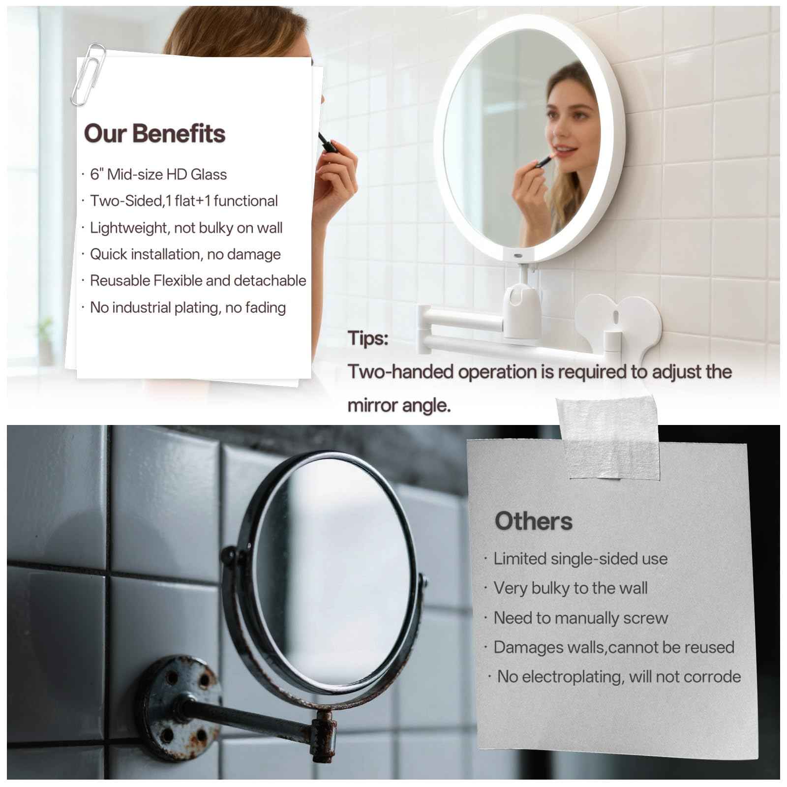 6" Led Wall Mounted Makeup Mirror Double Sided 1/20X, 1-Second Install Lightweight Compact Wall Mirror with Light, Rechargeable Extendable Magnifying Mirror for Bathroom, Wall Vanity Mirrors (1+20X)