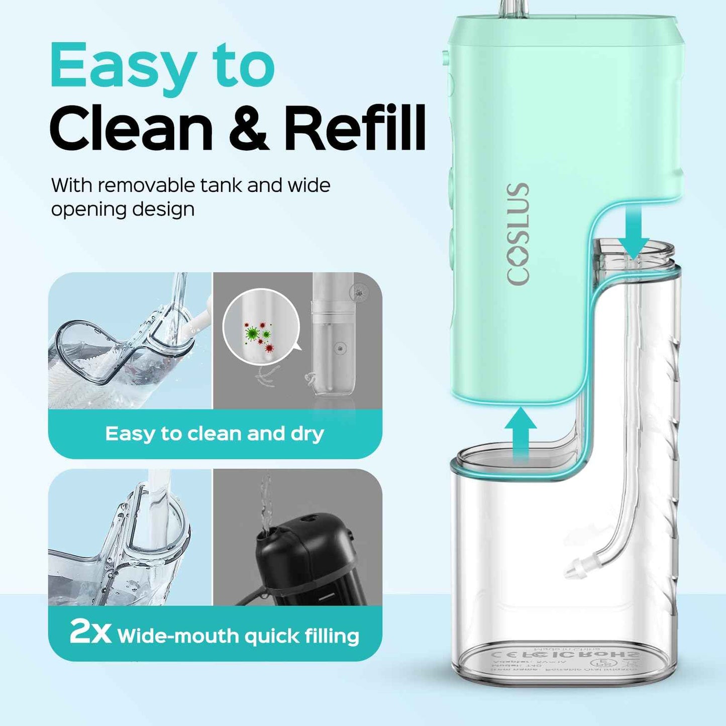 COSLUS Mini Water Flosser for Travel: Portable Lightweight Design Cordless Oral Irrigator with Removable Tank & 4 Modes, IPX7 Waterproof for Braces, Sensitive Teeth Travelers & Family Use, Green, T40