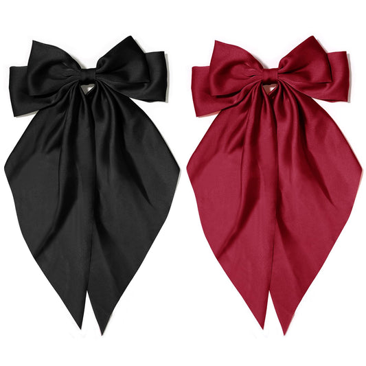 Big Hair Bows with Long Tail 2PCS Black Wine Red Bow Hair Clip with Metal Spring Clamp Soft Satin Hair Ribbon for Women Girls