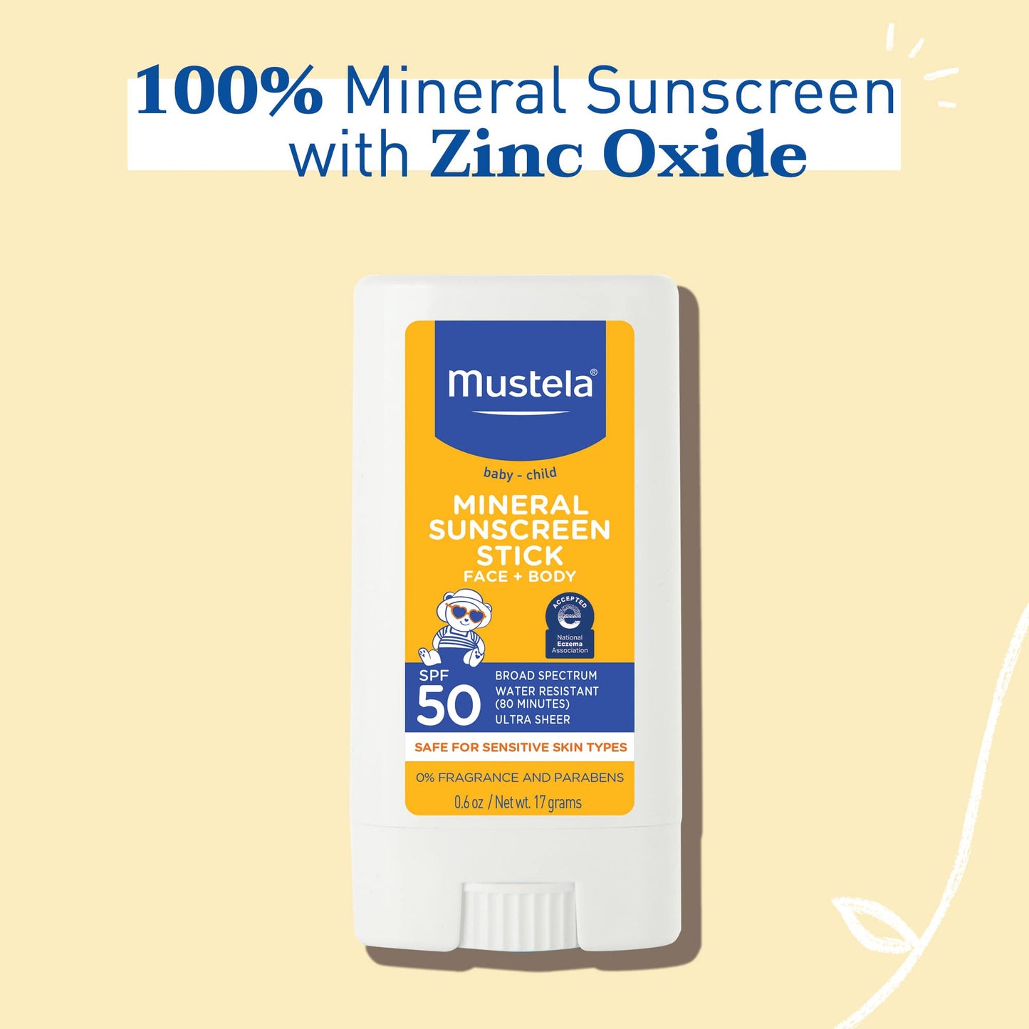 Mustela Baby Mineral Sunscreen Stick SPF 50 Broad Spectrum - Face & Body Sun Stick with 70% Organic Ingredients - Ultra Sheer, Water Resistant & Fragrance-Free - 0.6 oz (Pack of 1)