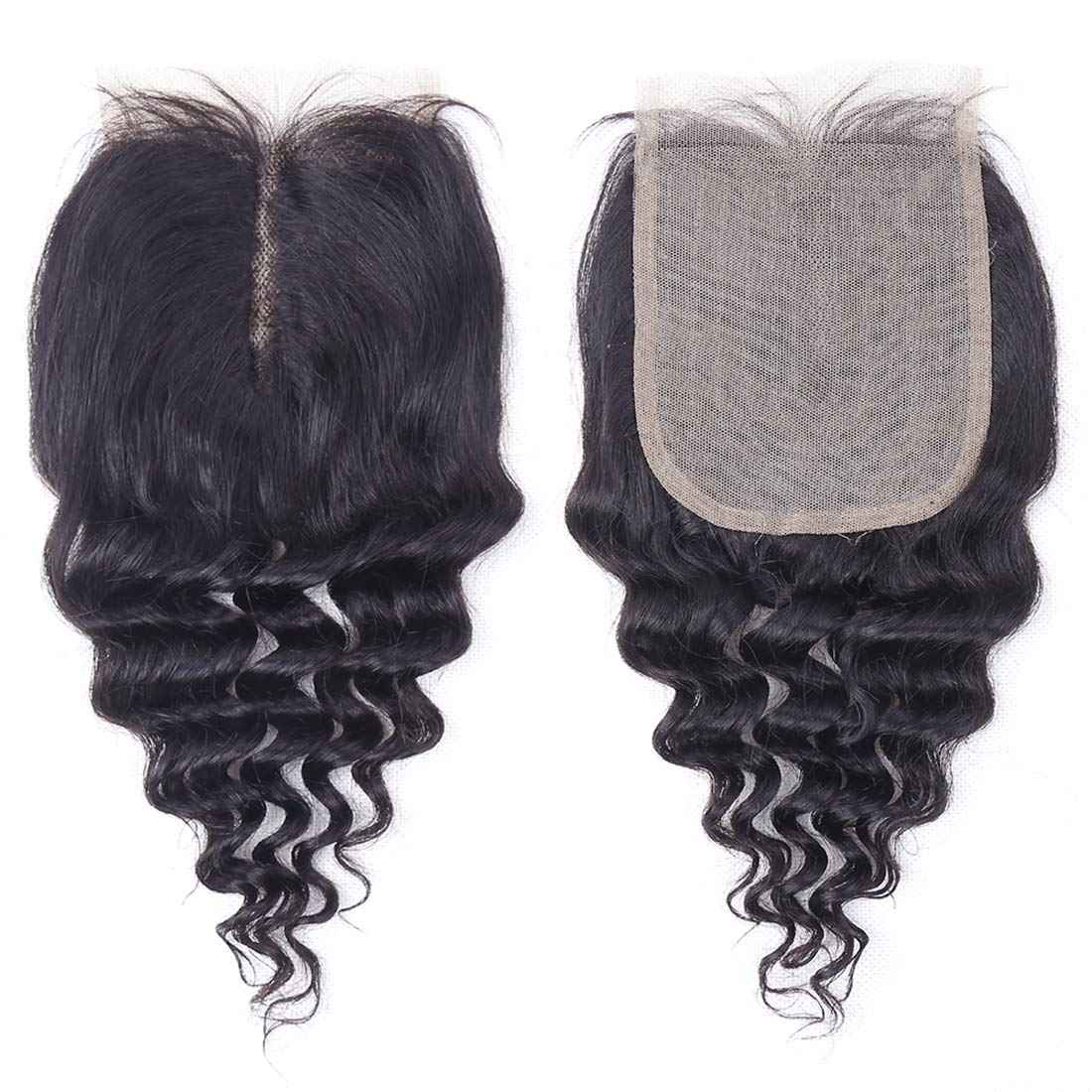 Deep Wave Bundles with Closure Brazilian Deep Curly Human Hair 3 Bundles with Closure(10 10 10+10) Middle Part 4x4 inch Lace Closure Wet and Wavy Natural Color 50g