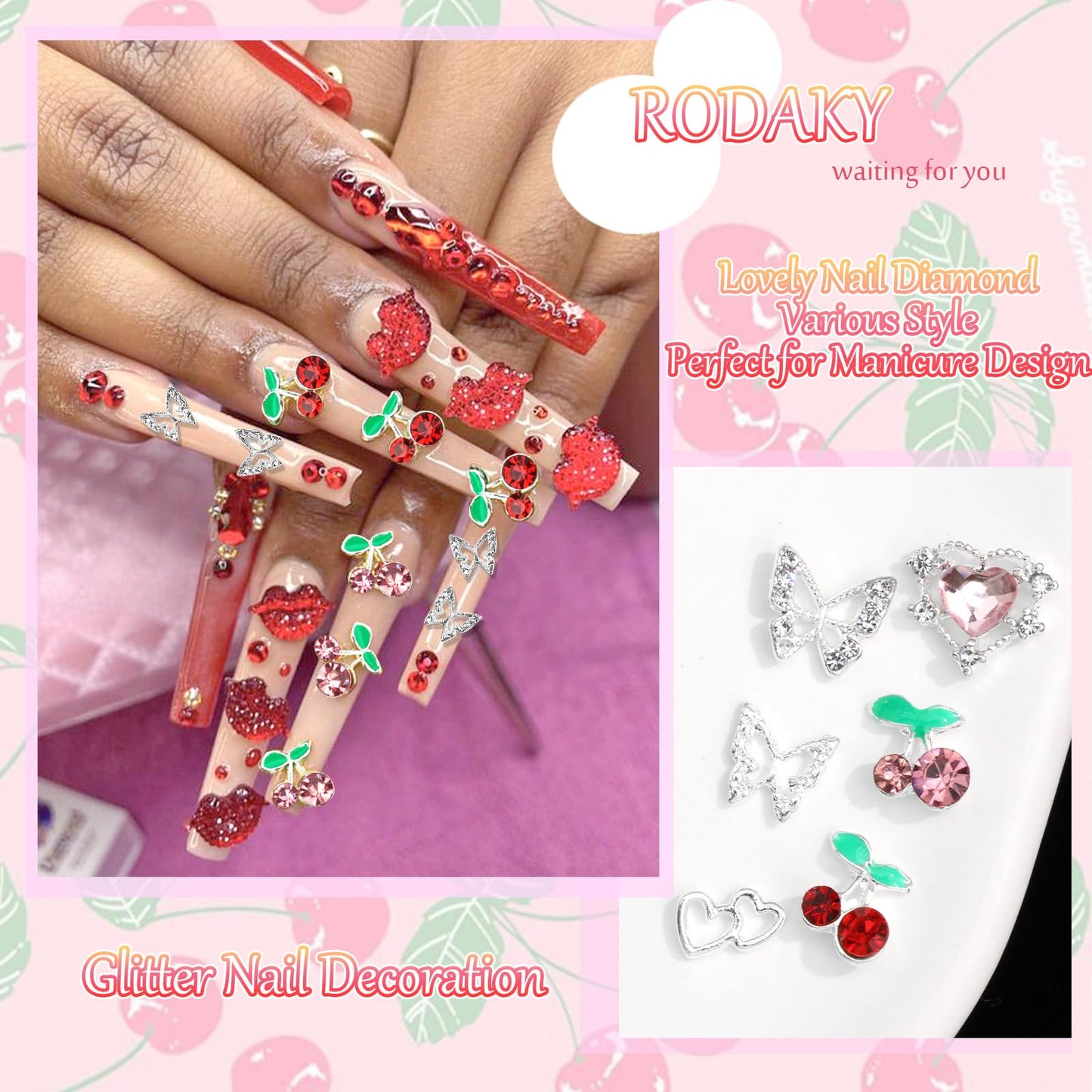 RODAKY 40PCS Butterfly Nail Charms Red Cherry Nail Art Charms Pink Heart Nail Rhinestone Cute Cherries Nail Gems Mixed Style Nail Decoration Accessories for Women's Manicure Nail Art