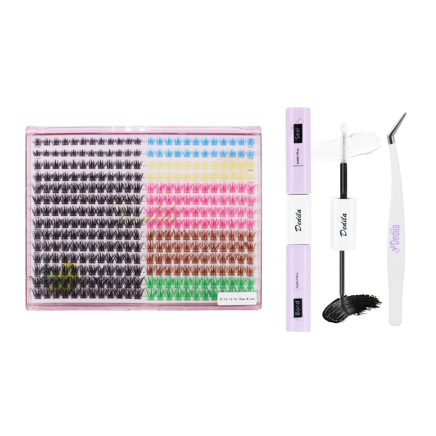 Dedila 280 Clusters Individual False Eyelashes 2 in 1 Bond&Seal+ 1pcs Tweezer Mixed 10-12-14-16-18mm Wide Stem D Curl Black Colorful Volume Eye Lashes Extensions (Kit-M02-10-12-14-16-18MM MIX)