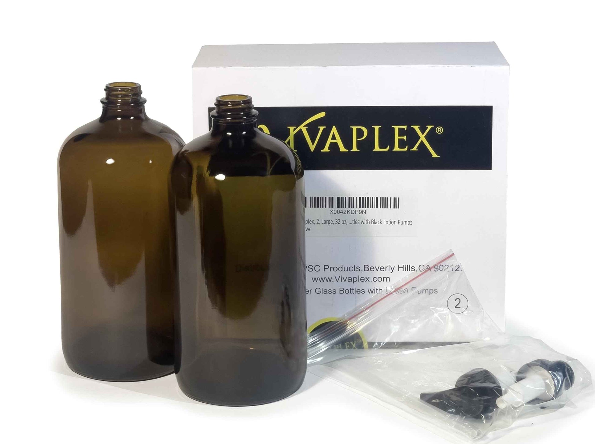 Vivaplex, 2, Large, 32 oz, Empty, Amber Glass Bottles with Black Lotion Pumps