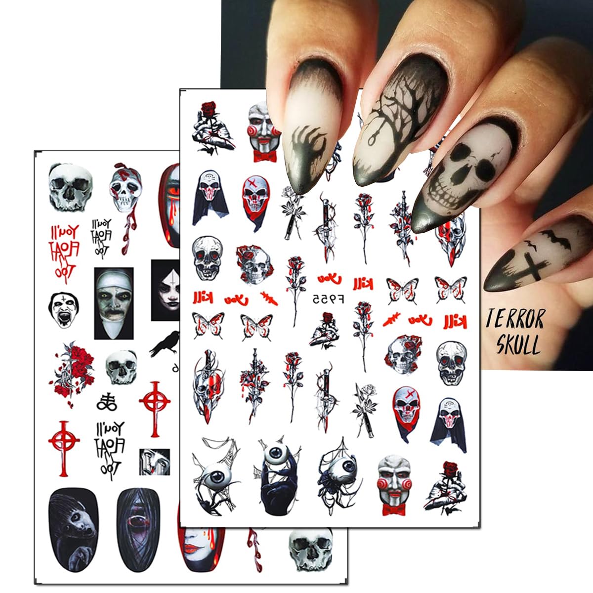 10Sheets Halloween Nails Art Stickers Decals Scary Ghost Nail Art DIY Rose Butterflies Nail Design Halloween Gothic Bloody Eye Nail Stickers Decals for Women Girls Manicure Decoration Supplies.