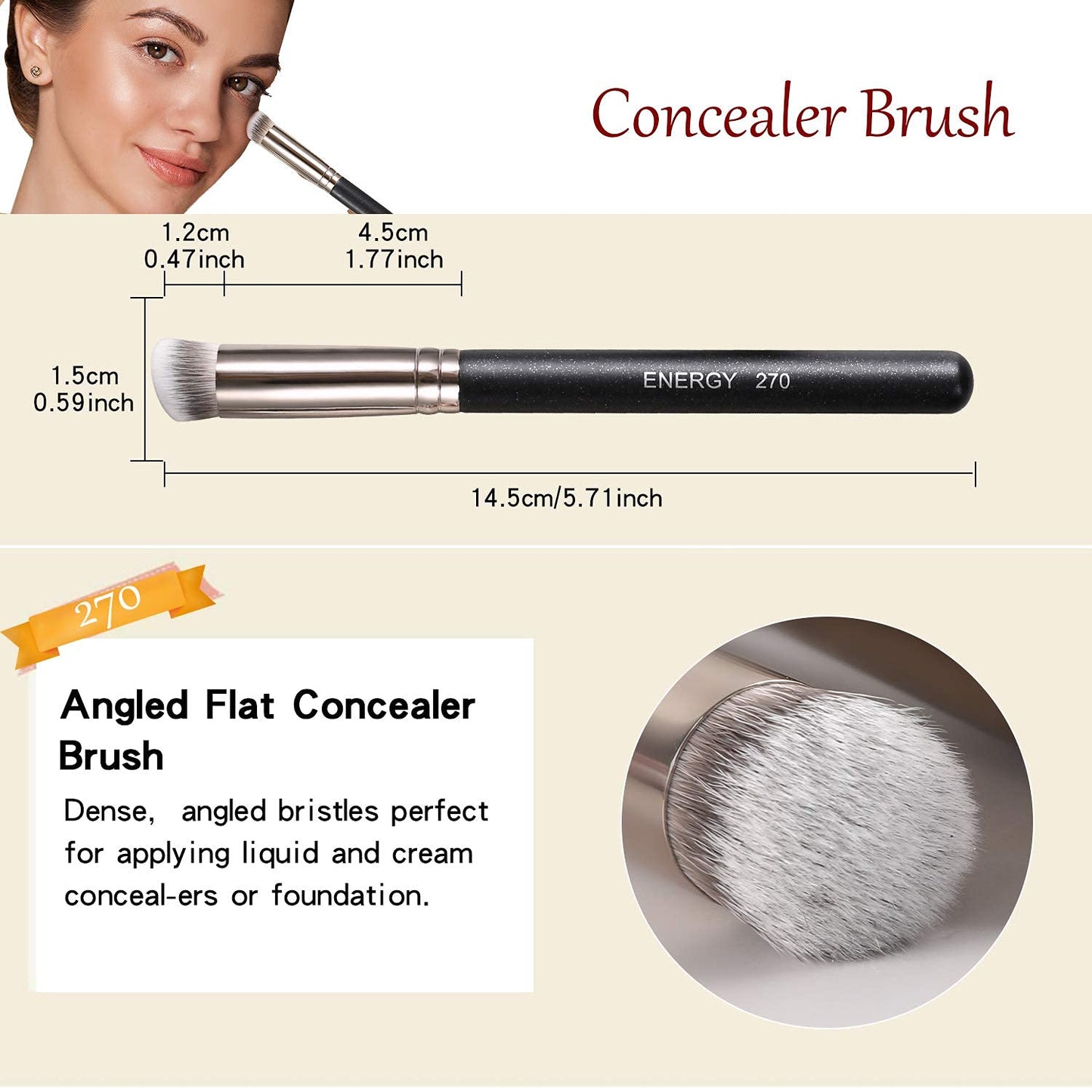 ENERGY Concealer Brush Under Eye Mini Angled Flat Top Kabuki Nose Contour Brush for Concealing Blending Setting Buffing with Powder Liquid Cream Cosmetic Pro Small Makeup Foundation brushes 270