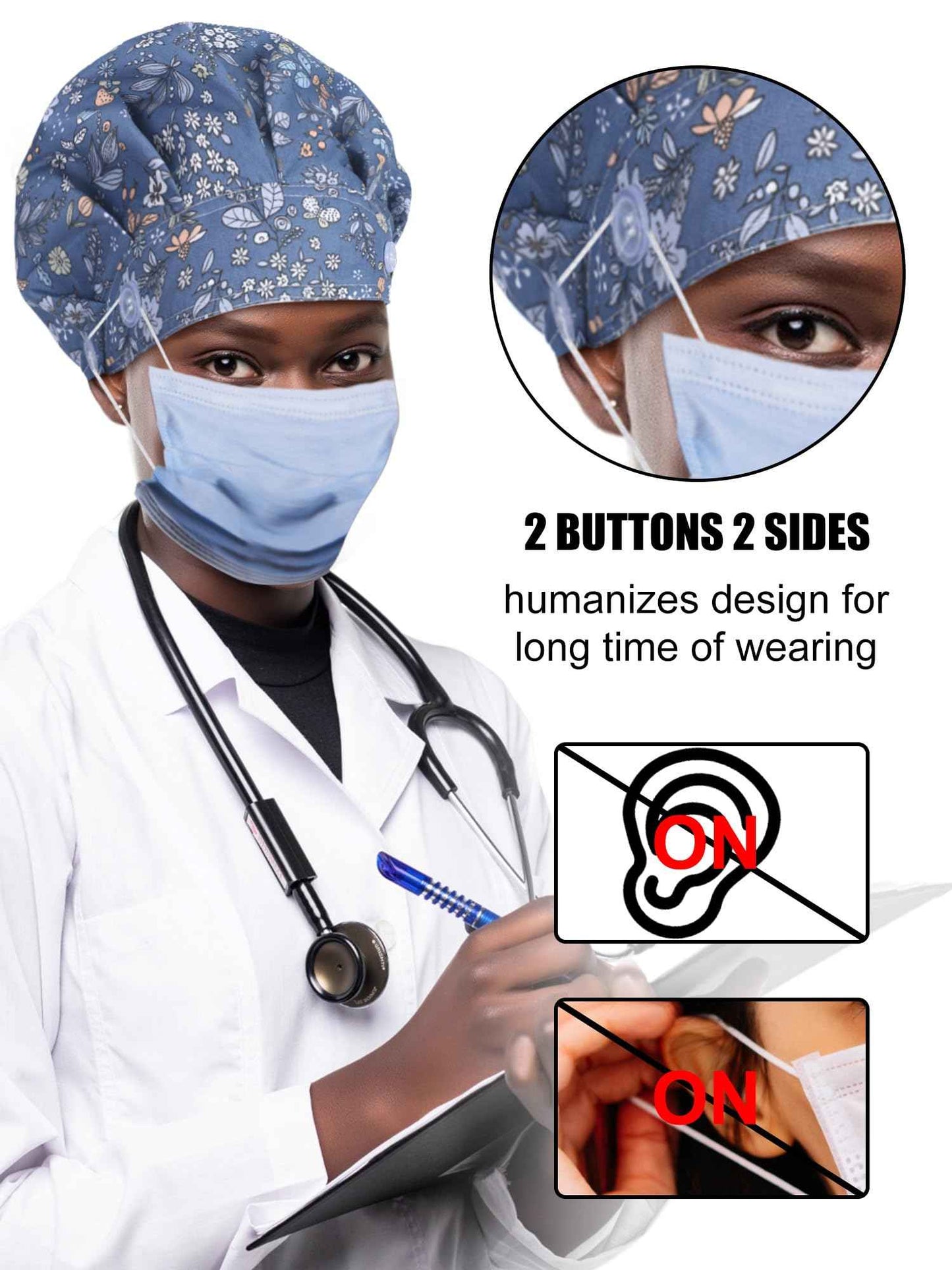 Floraltop 6 Pcs Satin Lined Scrub Caps Women Nurse Surgical Hat with Buttons Ponytail Working Adjustable Pouch Tie Back(Classic Style)