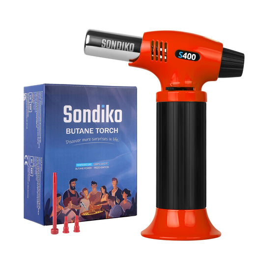 Sondiko S400 Butane Torch, Refillable Kitchen Lighter, Orange & Black, Fits All Butane Tanks, Adjustable Flame for Creme Brulee & Baking—Butane Gas Is Not Included