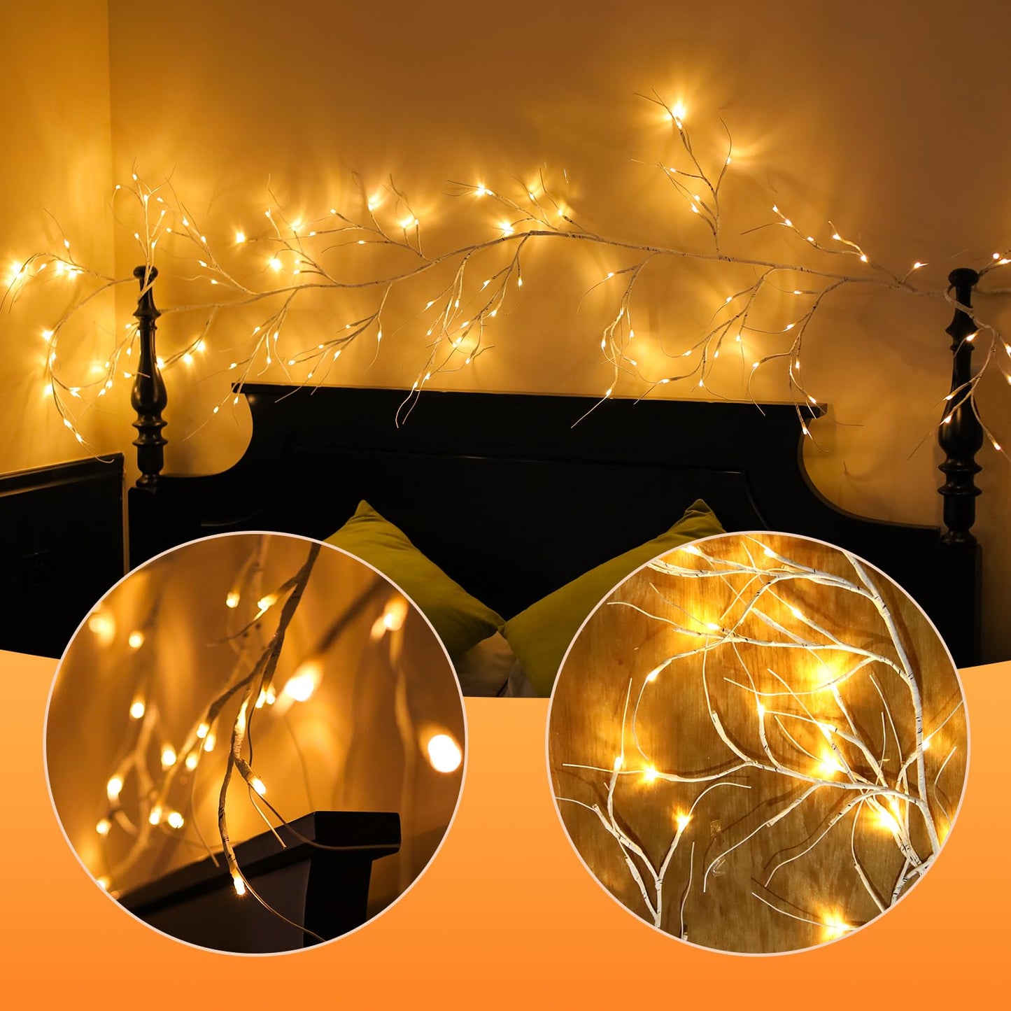 Rivokeer Lighted Birch Garland with Timer 120 LED, 9FT Birch Garland with Lights Remote Control, Pre-lit Twig Vine Lights Plug in for Christmas Fireplace Home Wall Decoration Indoor Outdoor