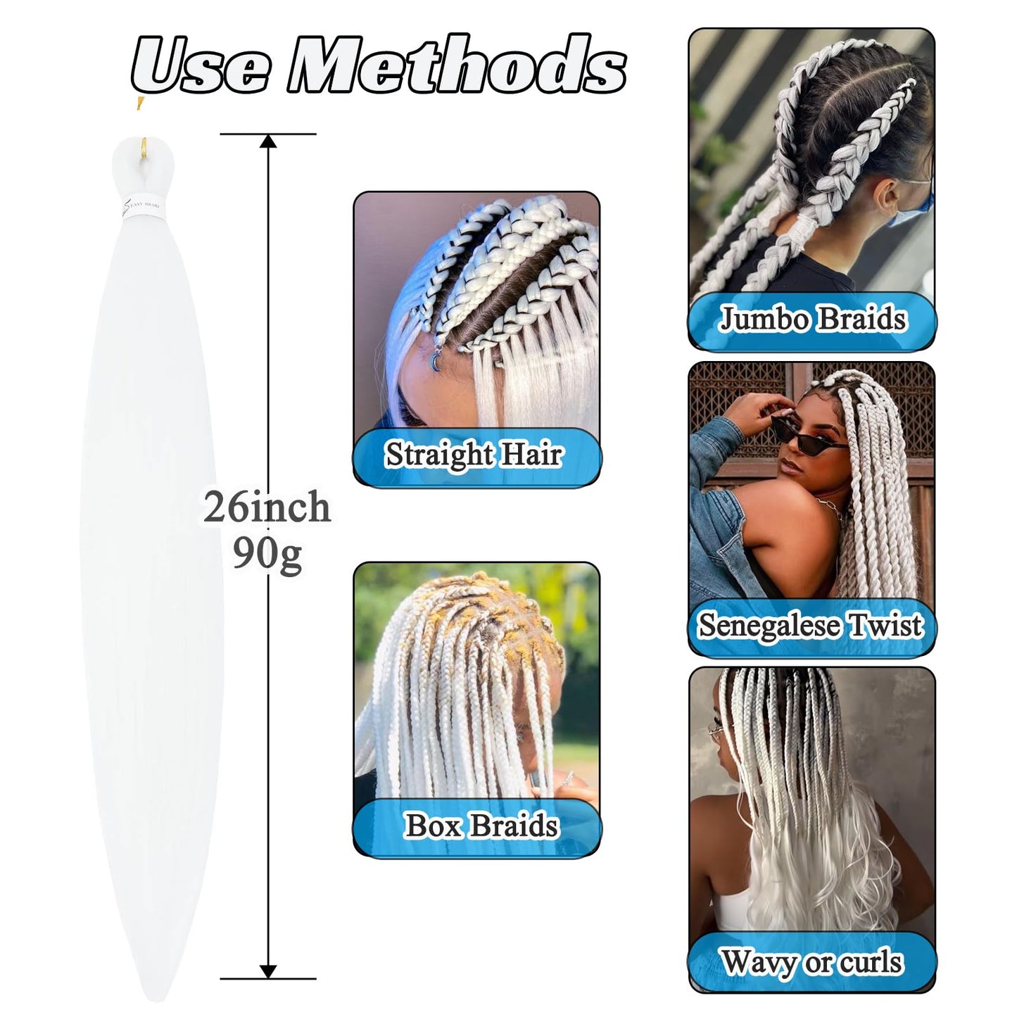 Royota White Braiding Hair Pre stretched 26 inch 3 Pieces Ez Braid Colored Hair Extensions for Women Synthetic Soft Yaki Knotless Prestretched Braiding Hair for Box Crochet Braids (White,26inch)