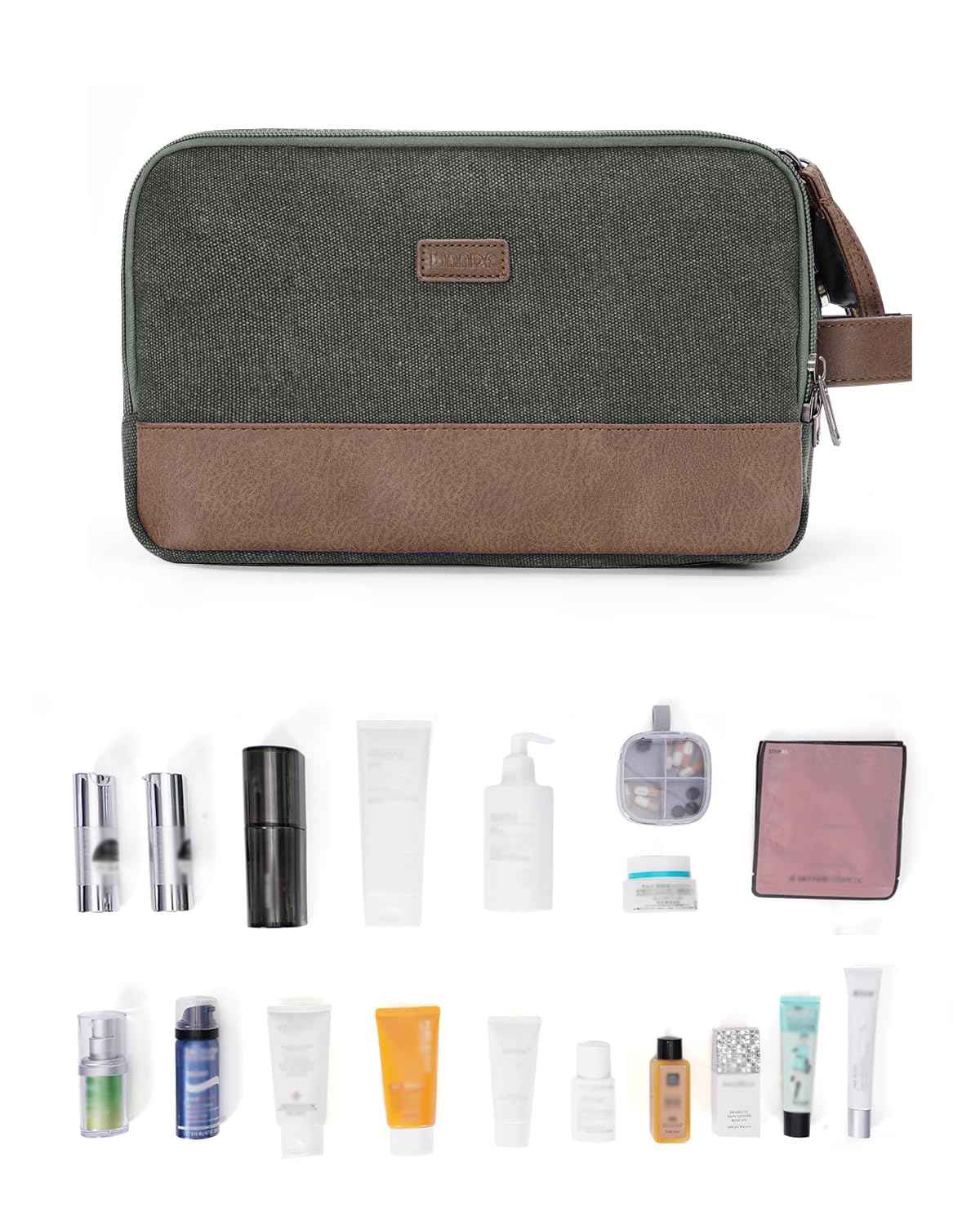 WANDF Toiletry Bag for Men Travel Toiletry Organizer Canvas and Leather Dopp Kit Water-Resistant Shaving Bag for Travel Accessories (Green, Medium)