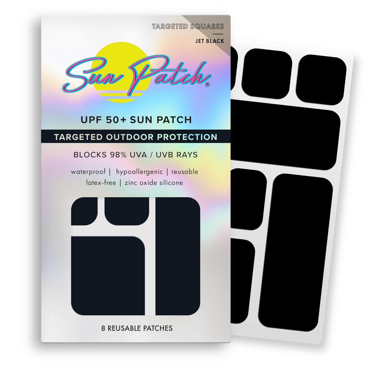 Sun Patch, Hypoallergenic Sun-Screen Square Shaped Patches, 100% Silicone UPF-50 UV Protection, Reusable, 1 Pack/8 Squares, Black