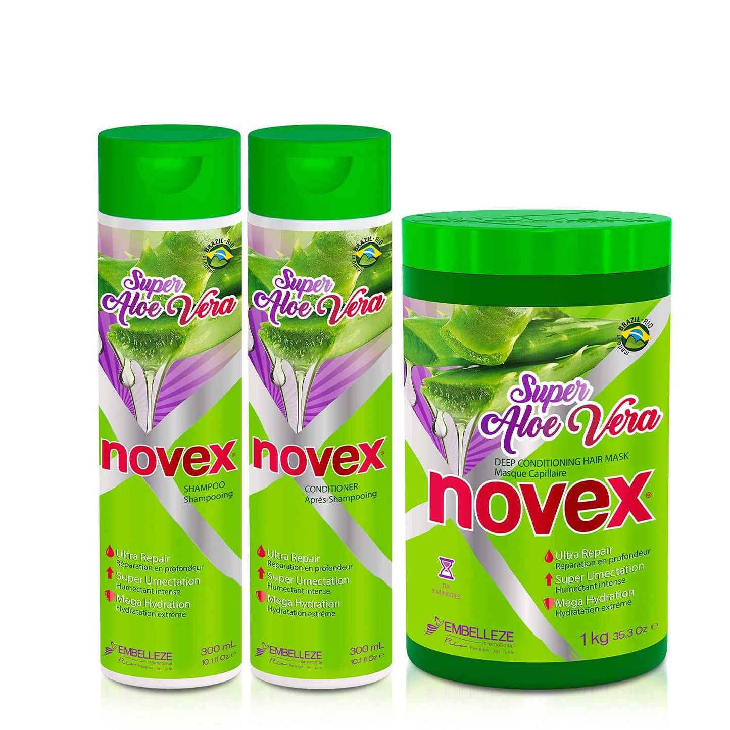 NOVEX Shampoo 10.1oz + Conditioner 10.1oz + Mask 35oz Set (Aloe Vera)