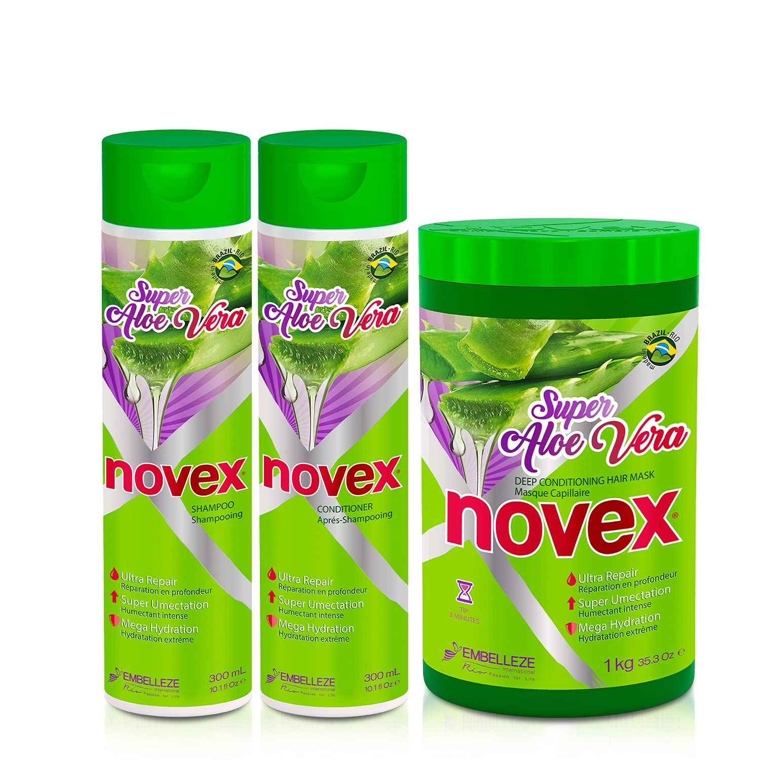 NOVEX Shampoo 10.1oz + Conditioner 10.1oz + Mask 35oz Set (Aloe Vera)