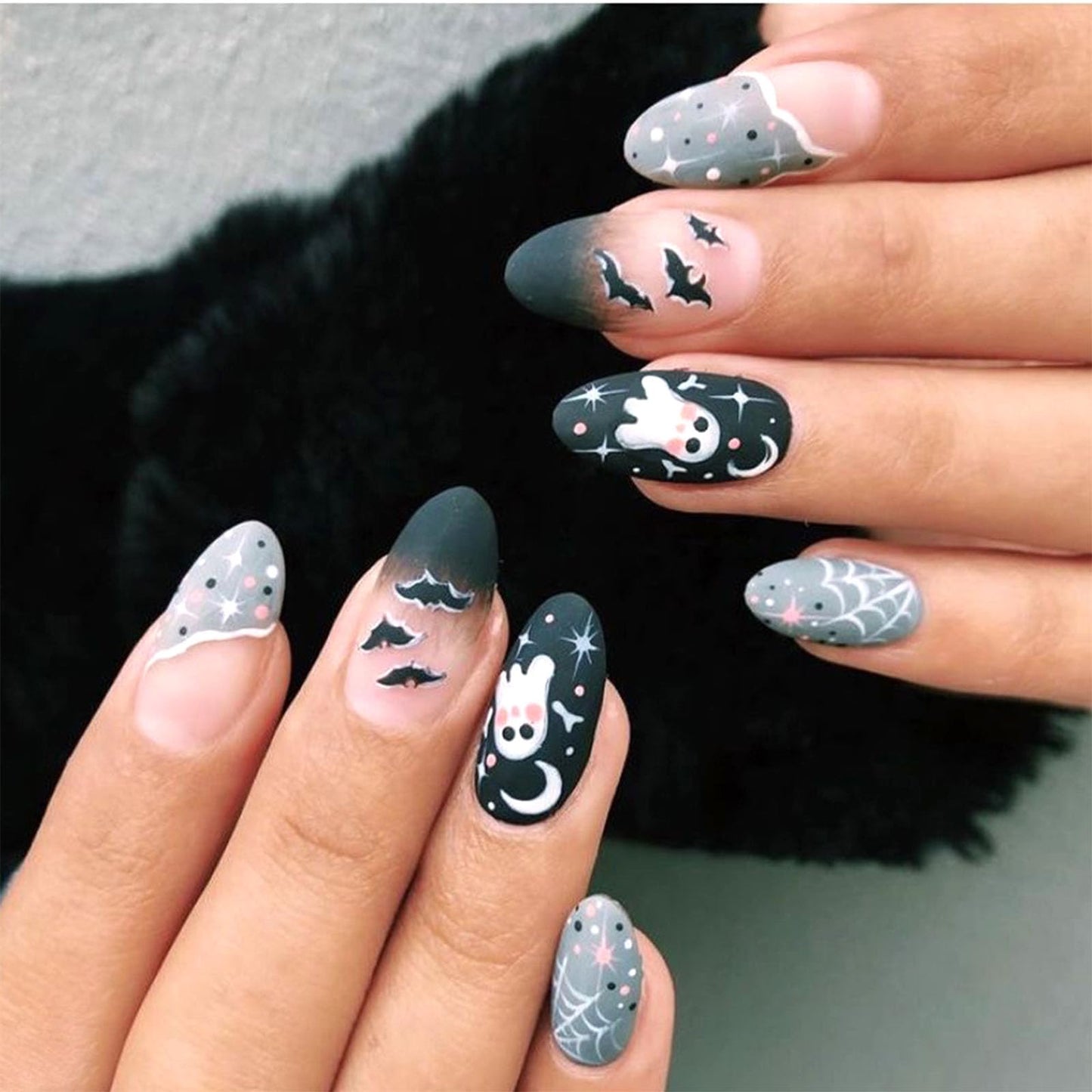 Halloween Press on Nails Almond Medium Fake Nails Black French Matte Spiderweb False Nails with Ghost Bat Designs Glue on Nails Artificial Acrylic Stick on Nails for Women - 24Pcs