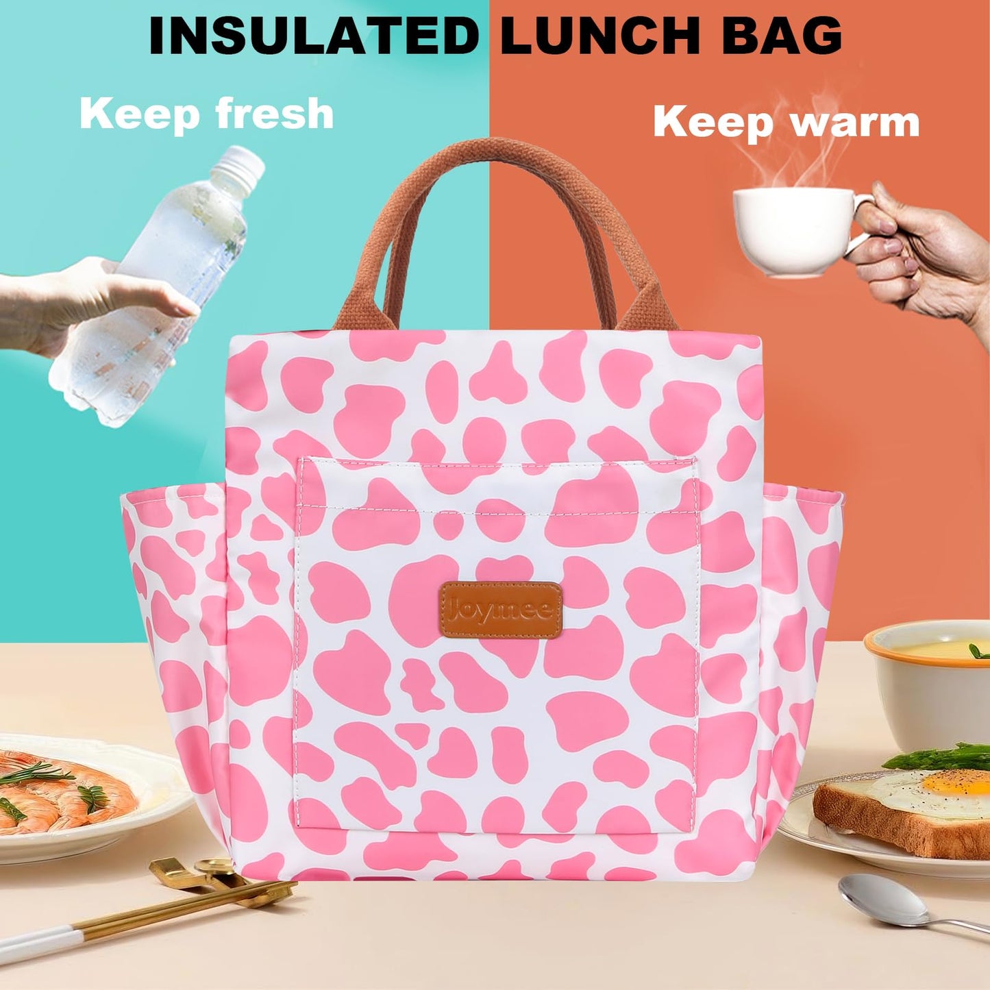 Joymee Lunch Bag Women Insulated Lunch Box Reusable Leakproof Large Spacious Cooler Tote for Womens Mens Adults with Bottle Holder and Side Pockets for Work Office Travel Picnic - Pink Cow