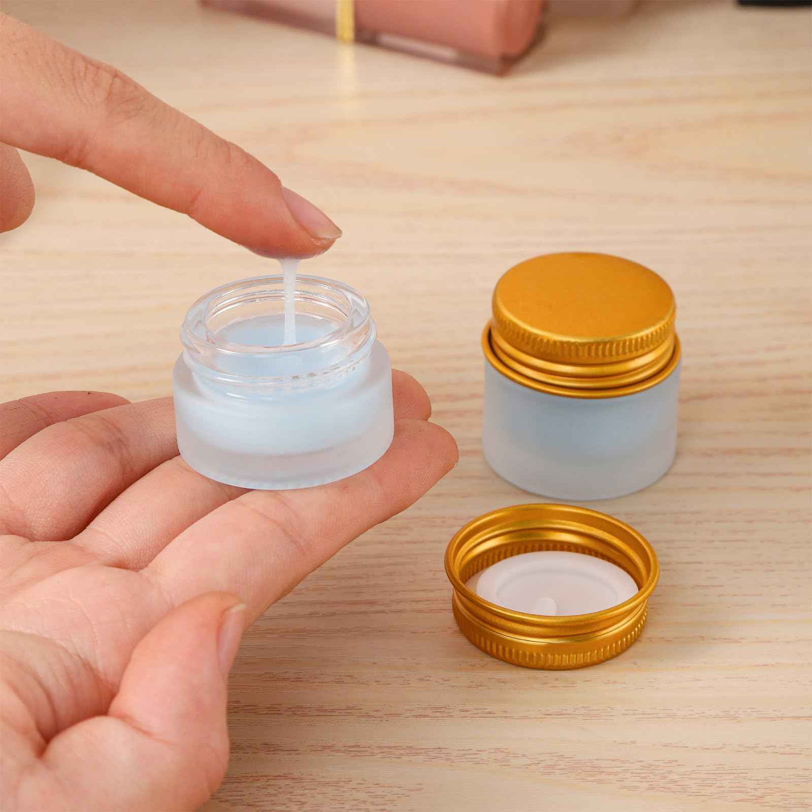 RAMFIYN 24 pack 5ml Frosted Glass Jars with Unbreak Metal Gold Lids Small Empty Travel Lotion Containers with Inner Liner Airtight Cosmetic Holder with Labels for Lip Balm Creams Body Butter