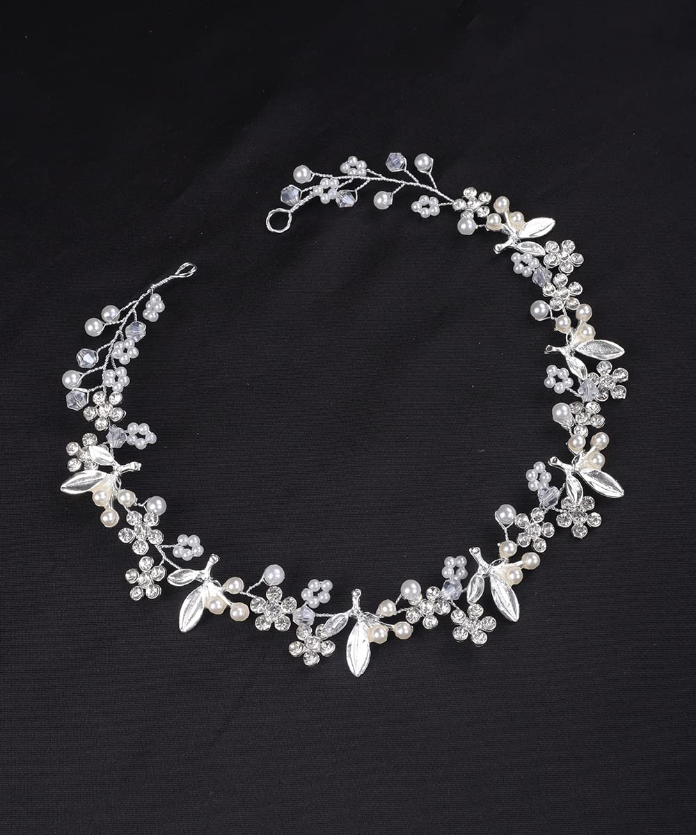 Jumwrit Flower Leaf Bridal Hairband Rhinestone Crystal Wedding Hairpiece for Women Girls Dainty Pearl Bridal Hair Accessories for Bride Bridesmaid