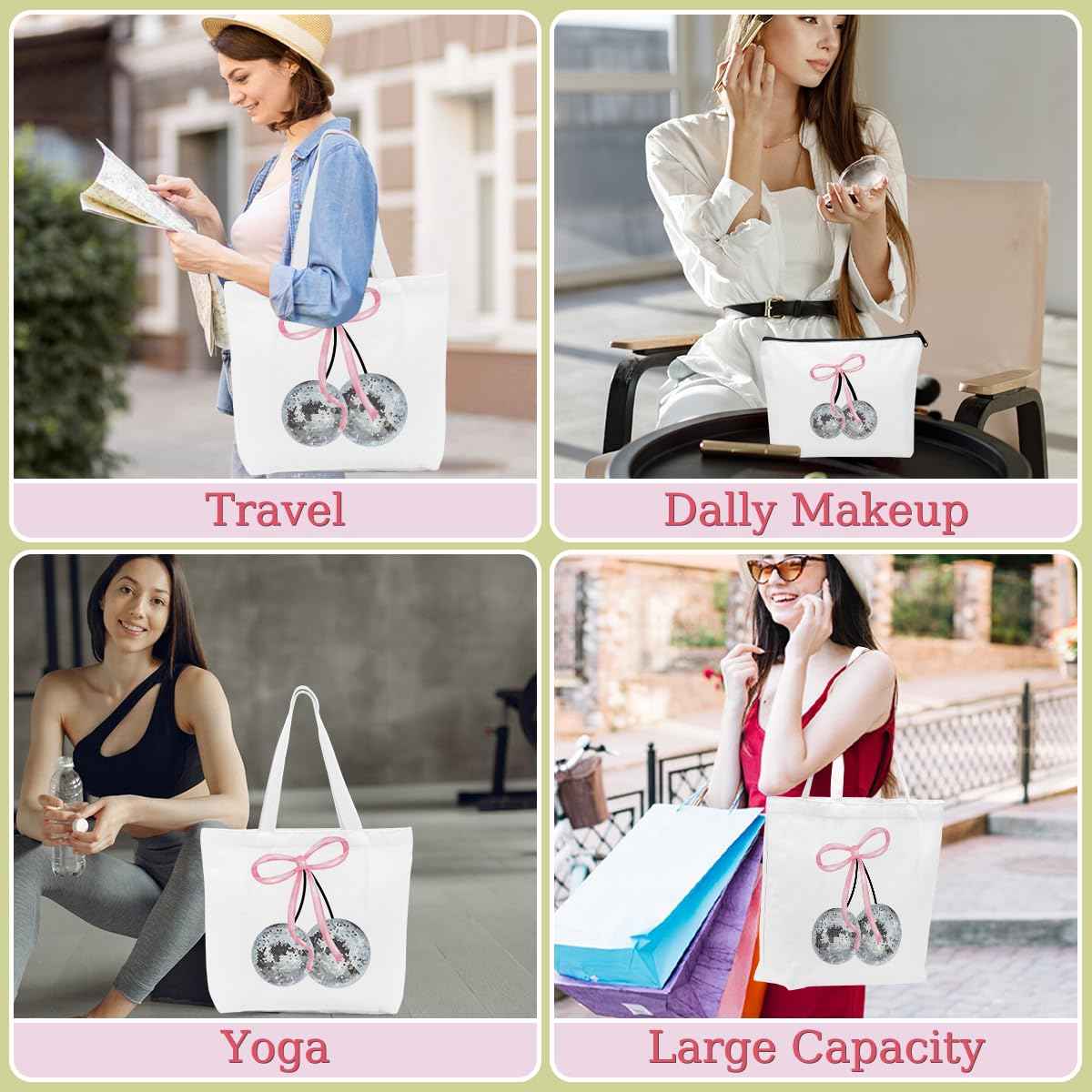 Cute Pink Coquette Bow Cherry Canvas Tote Bag Beach Tote Bag for Women with inner Pocket, Preppy Stuff Gifts for Women Teen Girls Sister Friendship Reusable Shopping Grocery Bags Travel Makeup Bagss