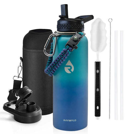 RAYMYLO Insulated Water Bottle 40 oz, Triple Wall Vacuum Stainless Steel (Cold for 48 Hrs), Leak Proof & Non-BPA, Modern Water Flask Jug with Paracord Handle & Straw Spout Lids, Cyan Blue