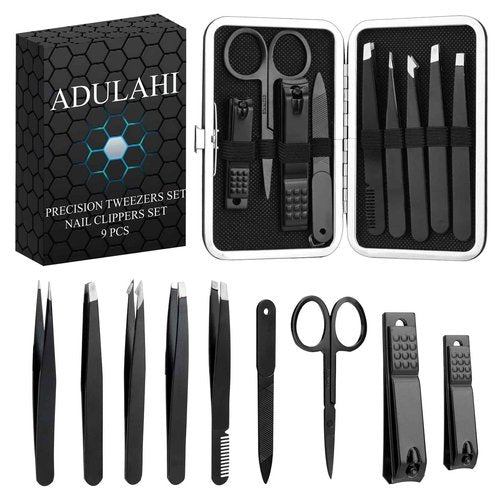 ADULAHI 9PCS Professional Tweezers Set and Nail Clippers for Men and Women, Stainless Steel Tweezers No Gaps with Leather Travel Case