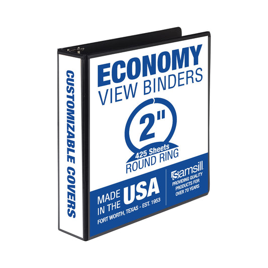 Samsill Economy 2 Inch 3 Ring Binder, Made in The USA, Round Ring Binder, Customizable Clear View Cover, Black, (18560)