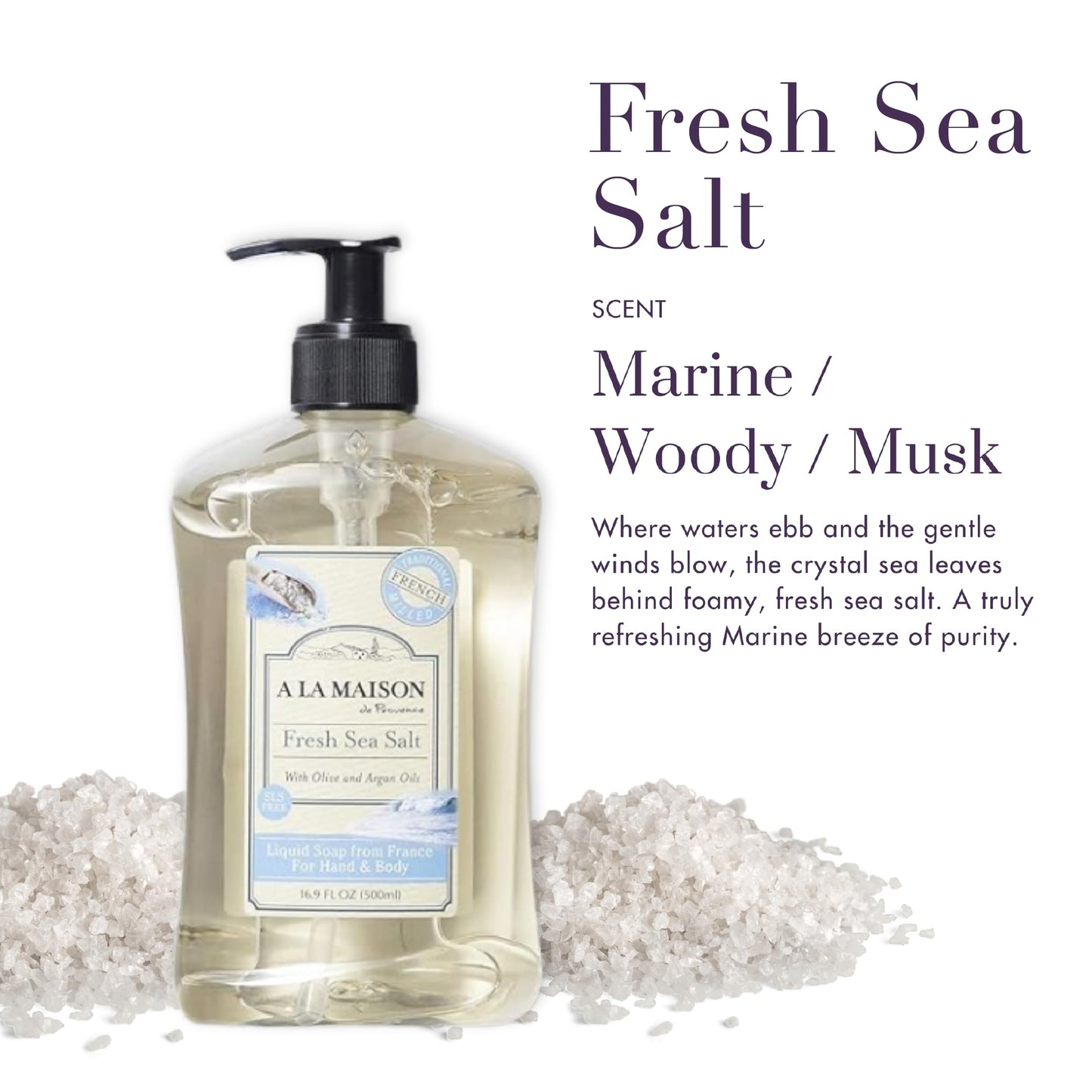 A LA MAISON Liquid Hand Soap, Fresh Sea Salt - Uses: Hand and Body - Essential Oils, Plant Based, Vegan, Cruelty-Free, Alcohol & Paraben Free (16.9 oz, 2 Pack)