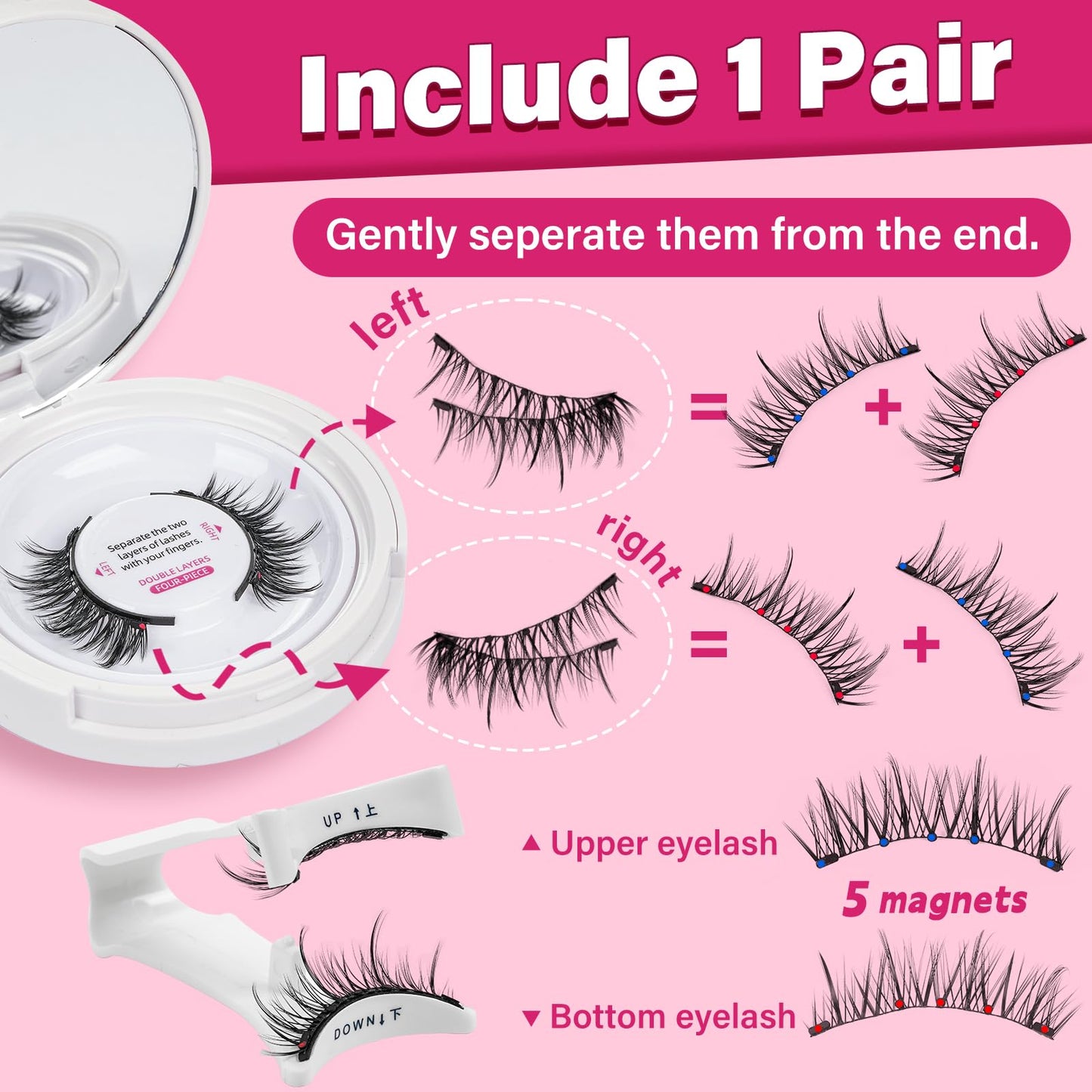 Magnetic Eyelashes With Applicator Long Lasting And Reusable Magnetic Lashes Kit 5Pcs Magnets Per Piece No Glue Needed False Eyelashes Waterproof,Cruelty Free,Easy To Wear(1pair,Vibrant)