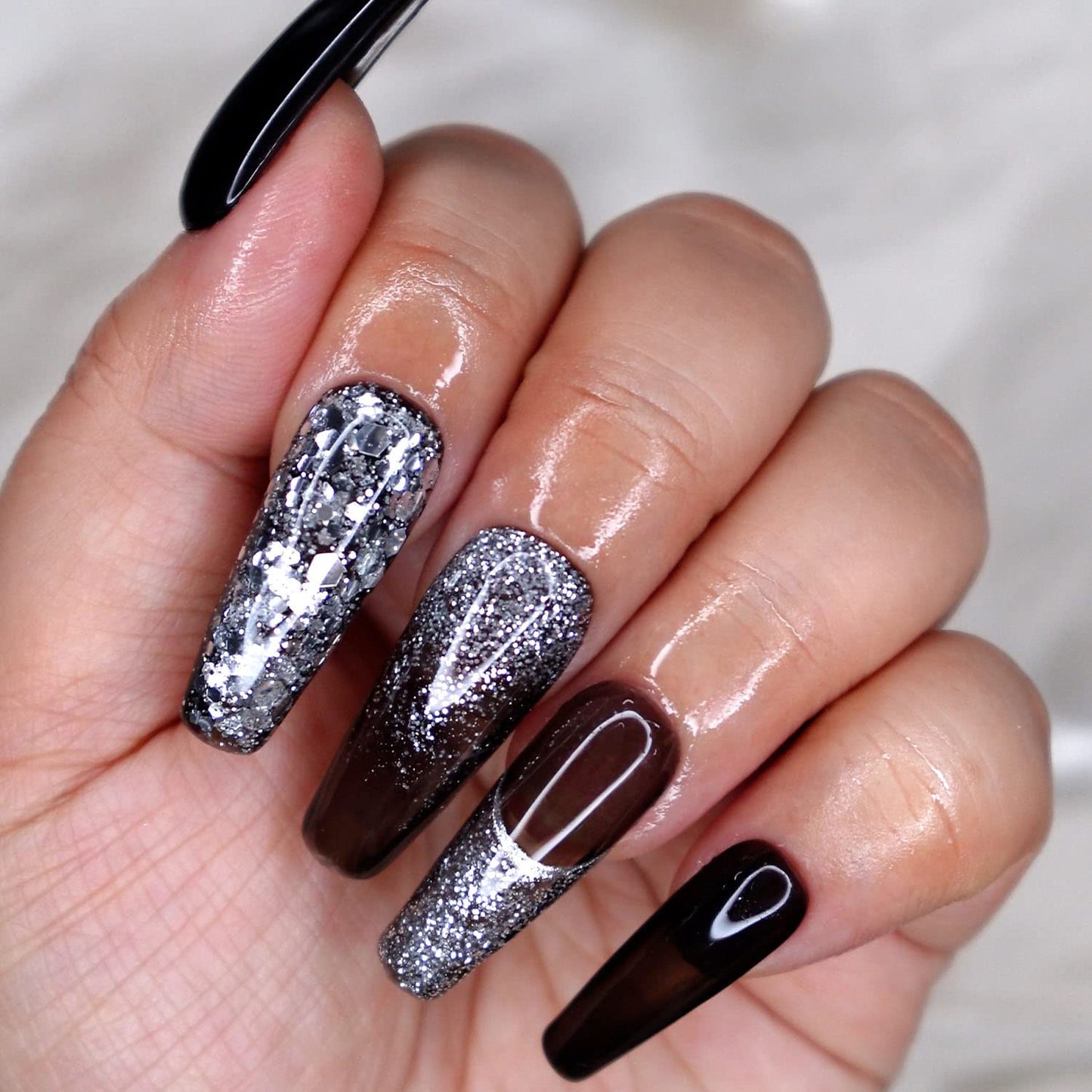 10 Pcs Handmade Press on Nails (X-Small, Hard Rock - Jelly Black with Silver French Tips and Star Dust Ombre/Long Coffin) A096XS