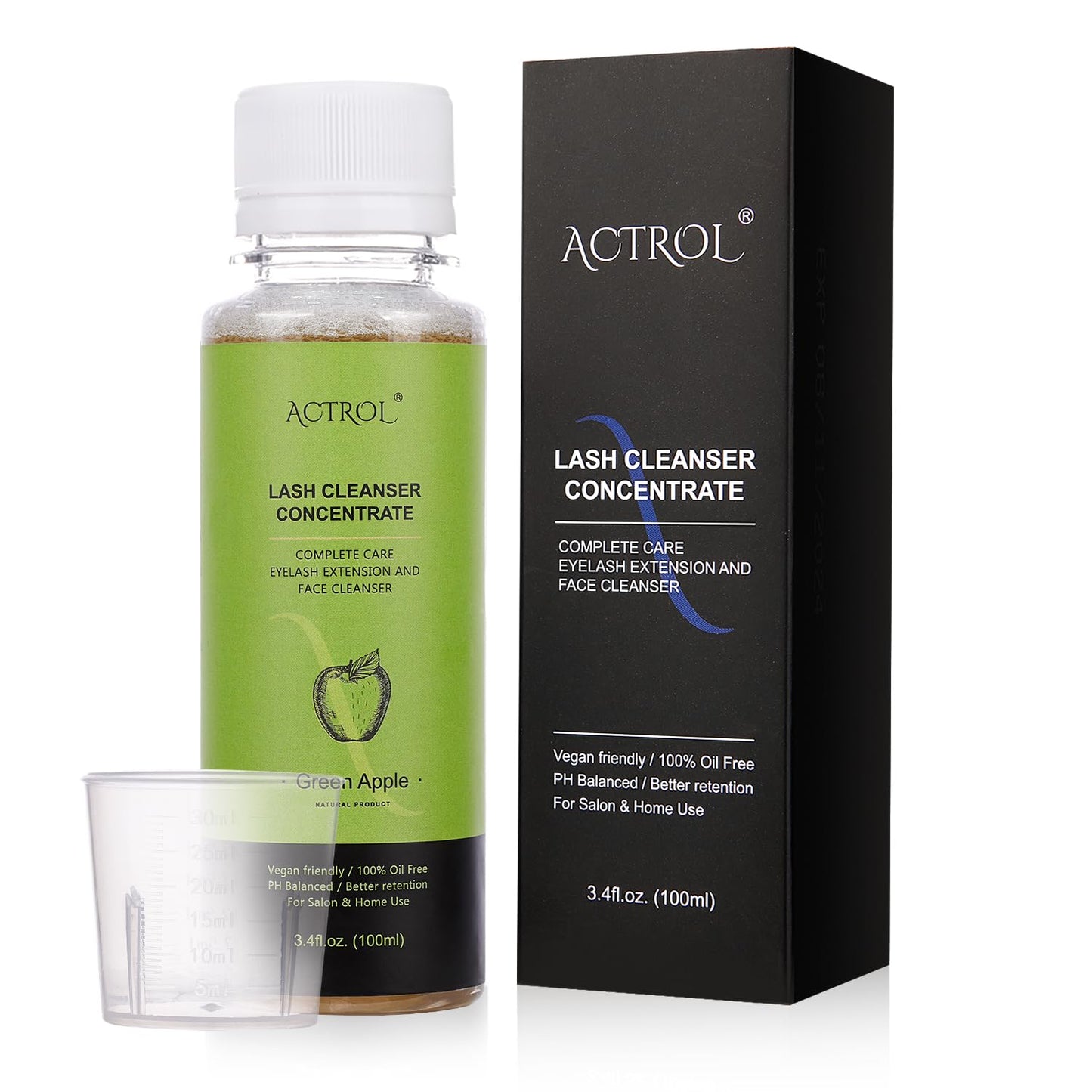 ACTROL Eyelash Shampoo Concentrate 100ml Lash Extensions Cleanser Green Apple Natural Foaming Shampoo Paraben & Sulfate Free Wash for Extensions Lashes with Salon Home Care-Makes 60ml Bottle