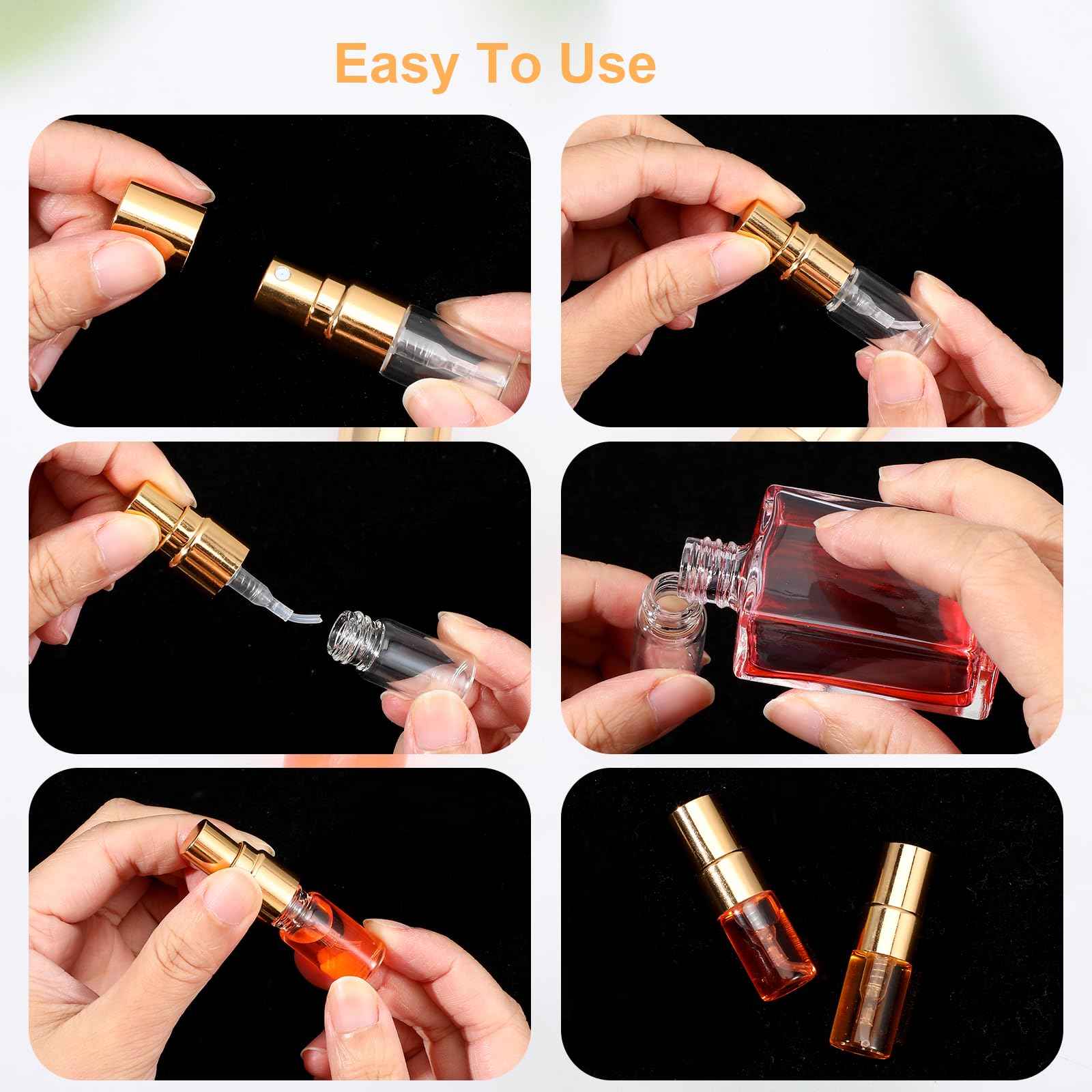 AojSup 50 Pcs Mini Spray Bottles, 2 ml Clear Glass Perfume Bottles, Refillable Fine Mist Perfume Atomizer, Portable Empty Sample Containers for Cleaning, Essential Oils, Travel (Gold Cap)