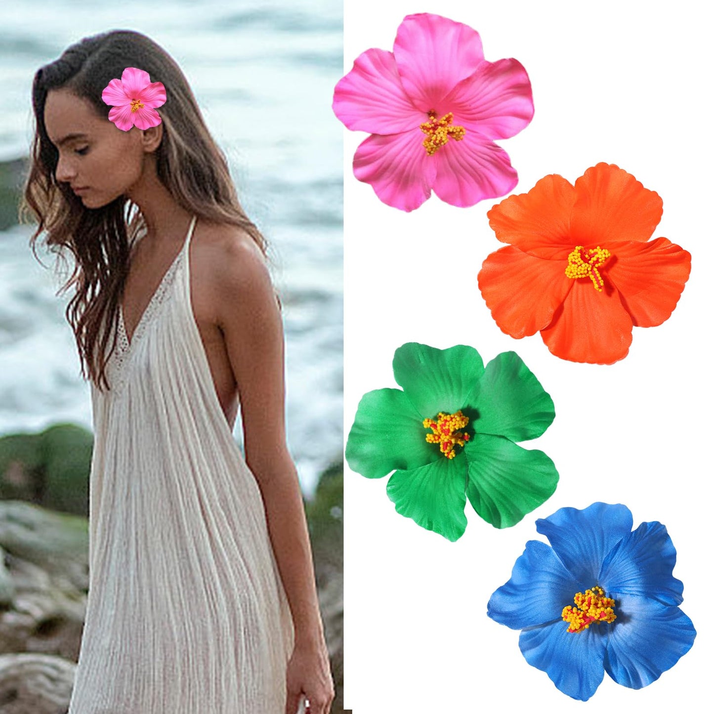 Hawaiian Flower Hair Clips for Women Pink & Orange & Green & Blue Hair Clip Fashion Artificial Flower Clips Summer Hair Accessories for Vacation Beach Party 4PCS