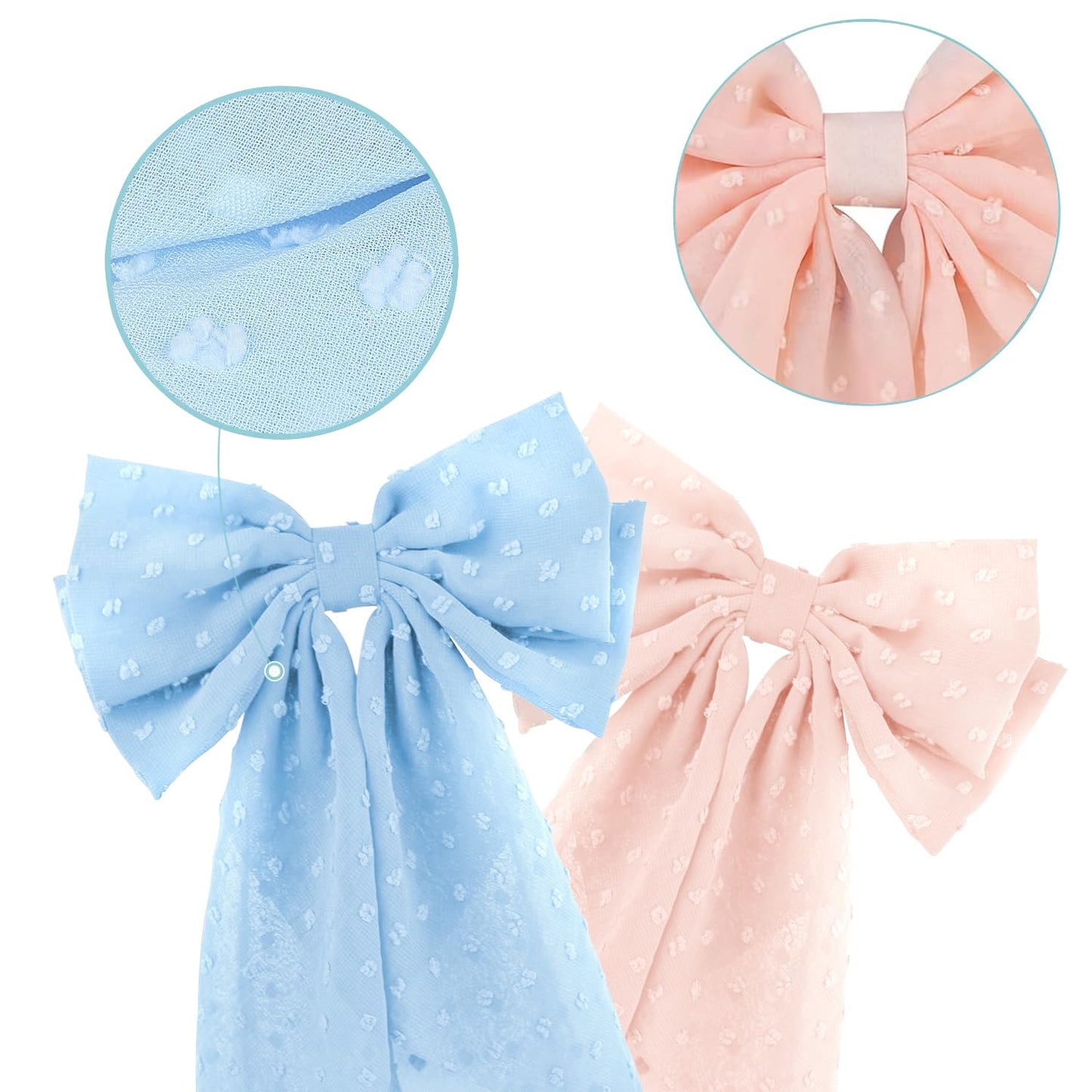 2PCS Large Hair Bows Ribbon Hair Clips, Double Layers Big Bow Hair Clip With Long Tail Ribbon Bowknot Hair Barrettes, Ponytail Holder Hair Accessories for Women Girls (Blue+Pink)