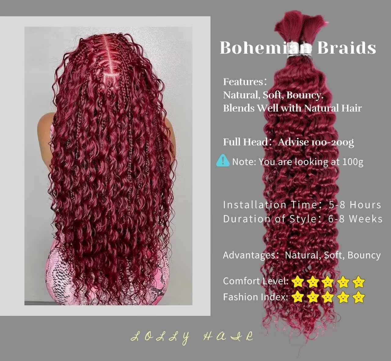 Ubinica Burgundy Deep Wave Braiding Human Hair 2 Bundles Total 100g 24 Inch Deep Wave Bulk Braiding Hair for Boho Braids