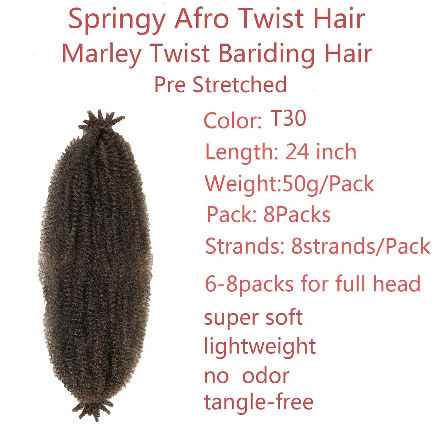 Springy Afro Twist Hair 24 Inch T30 8 Packs Pre-Separated Marley Twist Braiding Hair Soft Synthetic Crochet Afro Kinky Twist Wrapping Hair for Soft Locs Hair Extensions (24 Inch (Pack of 8), T30)