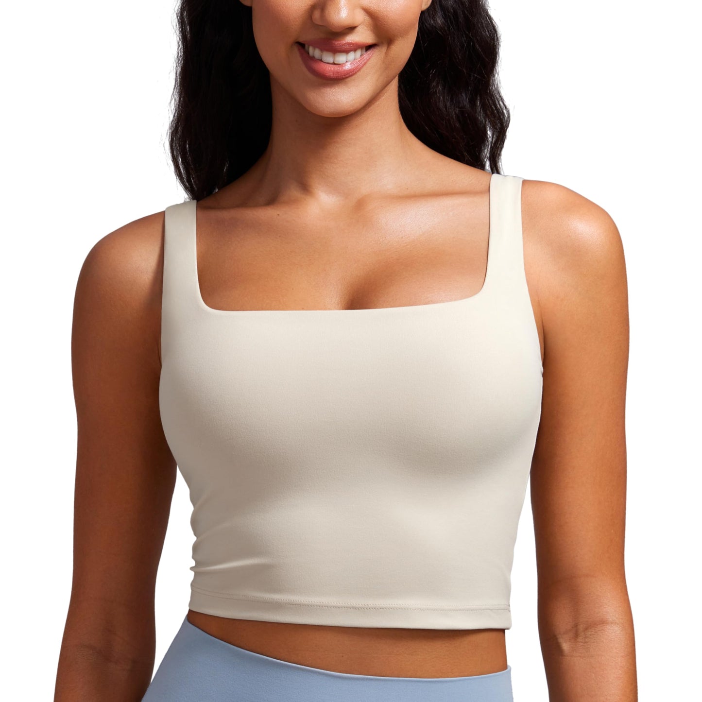 CRZ YOGA Butterluxe Womens Square Neck Longline Sports Bra - Workout Crop Tank Tops Padded with Built in Shelf Yoga Bra Mojave Tan XX-Small