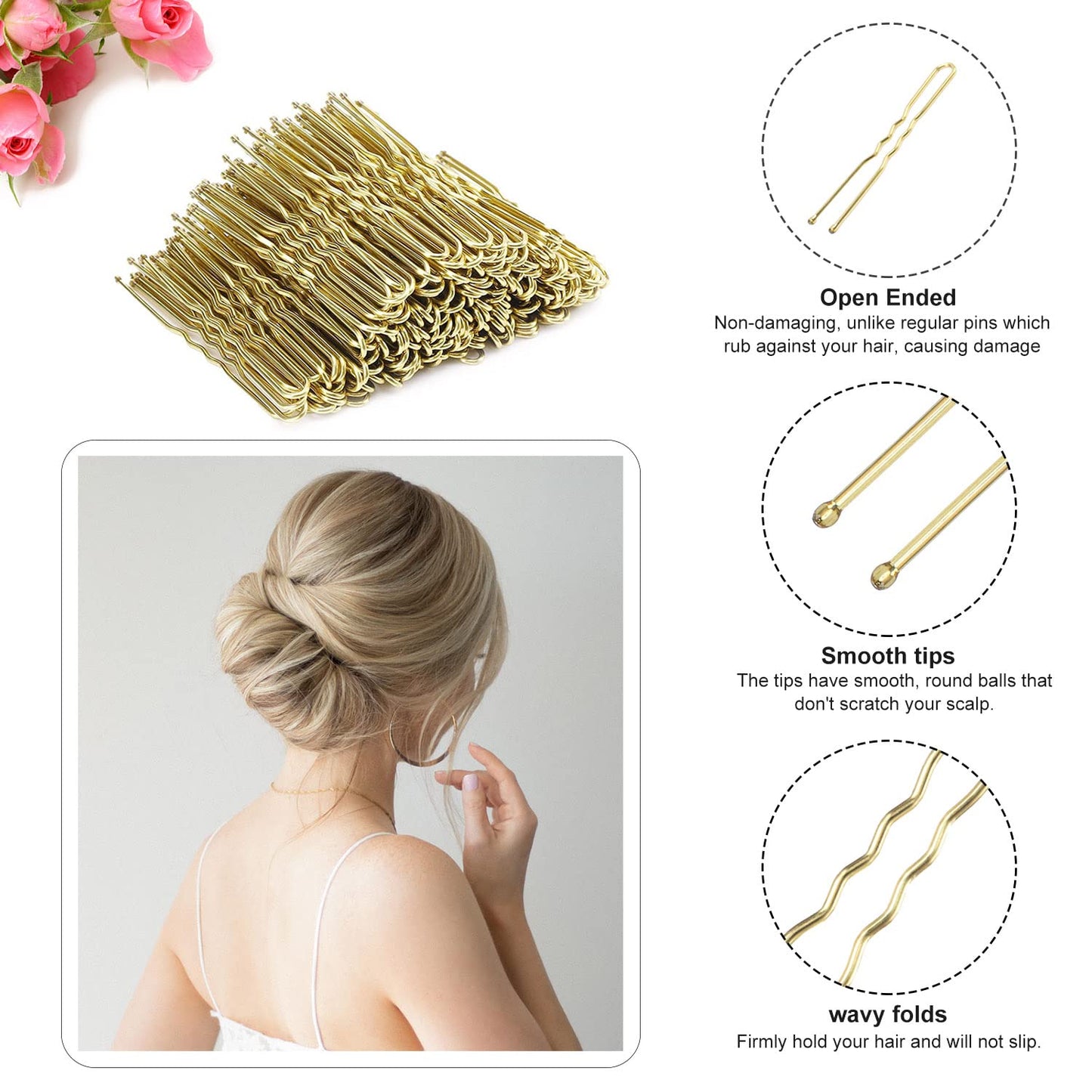 BEoffer U Shaped Hair Pins, 200 Count of Buns Waved Hair Pins for Women Girls with Box for Updos French Twists, Bobby Pins Hairgrip Hair Grip Hairclip Bulk Hair Accessories (Blonde, 2.4 Inch)