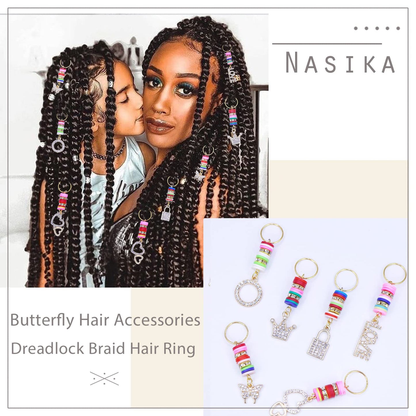 NAISKA 6Pcs Gold Butterfly Heart Pendant Braid Dreadlock Crystal Rhinestone Valentine's Day Hair Accessories Beads Crown Love Pendant Braid Clips Cuffs Rings Hair Jewelry Gifts for Women Teen Girls