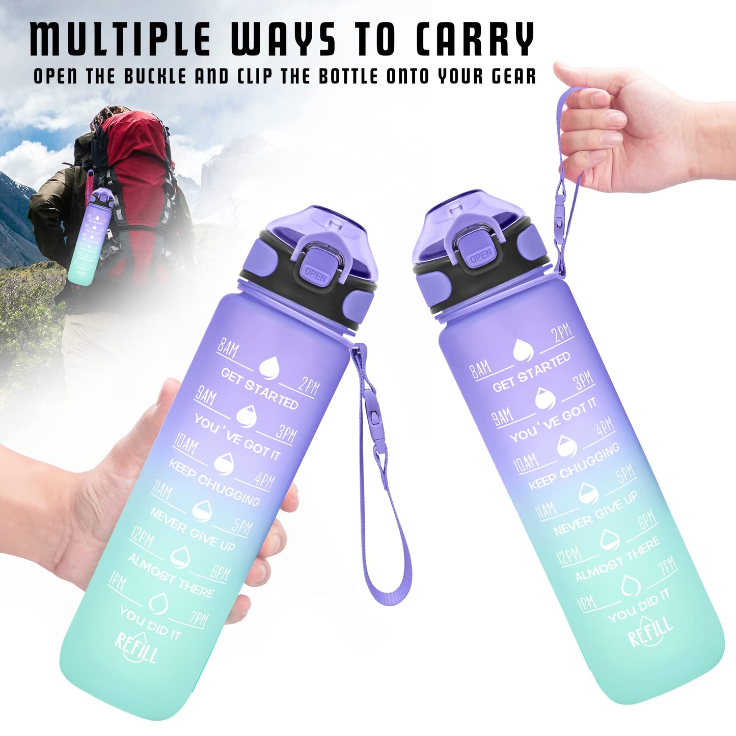 Enerbone 32 oz Drinking Water Bottle with Times to Drink and Straw, Motivational with Carrying Strap, Leakproof BPA & Toxic Free, Ensure You Drink Enough Water for Fitness Gym Outdoor