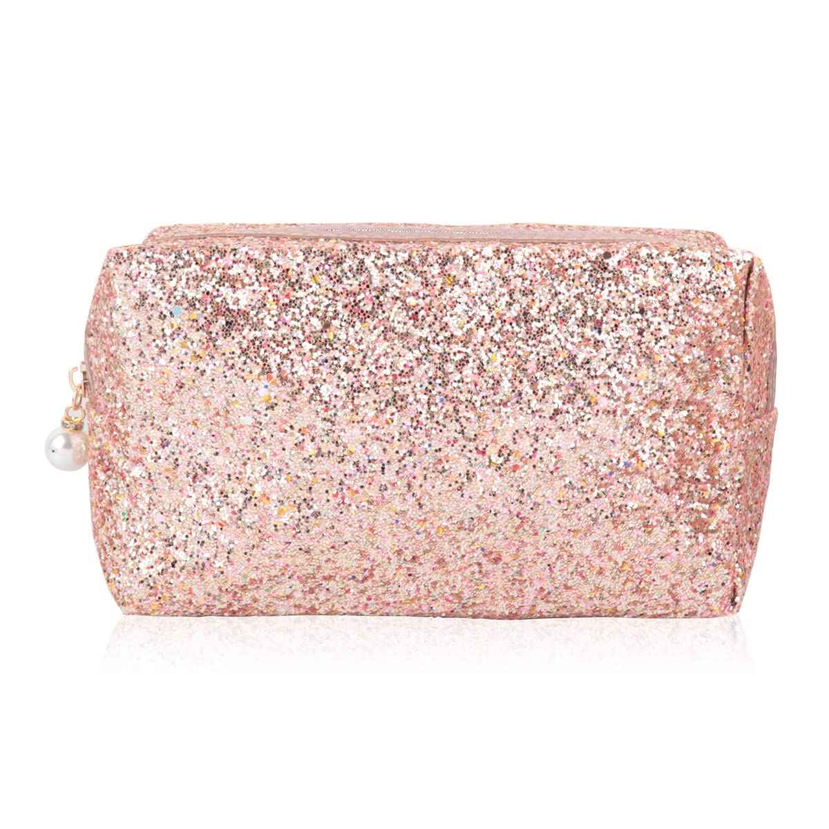 RIAH FASHION Pouch Clutch Organizer Bag - Travel Cosmetic Makeup Toiletry Jewelry Cute Sequin Purse Adjustable Strap (Glitter Cosmetic Bag - Peach)