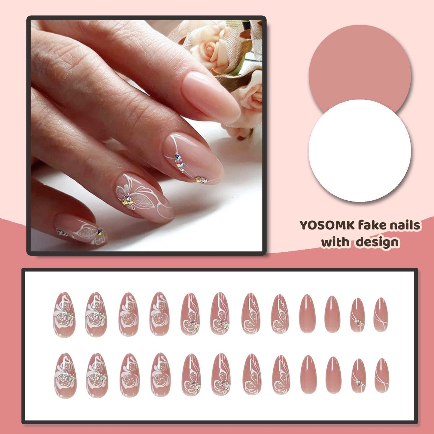 YOSOMK Nude Almond Fake Nails Medium Press on Nails with Flower Designs Glossy False Nails Glitter Rhinestones Stick on Artificial Nails for Women