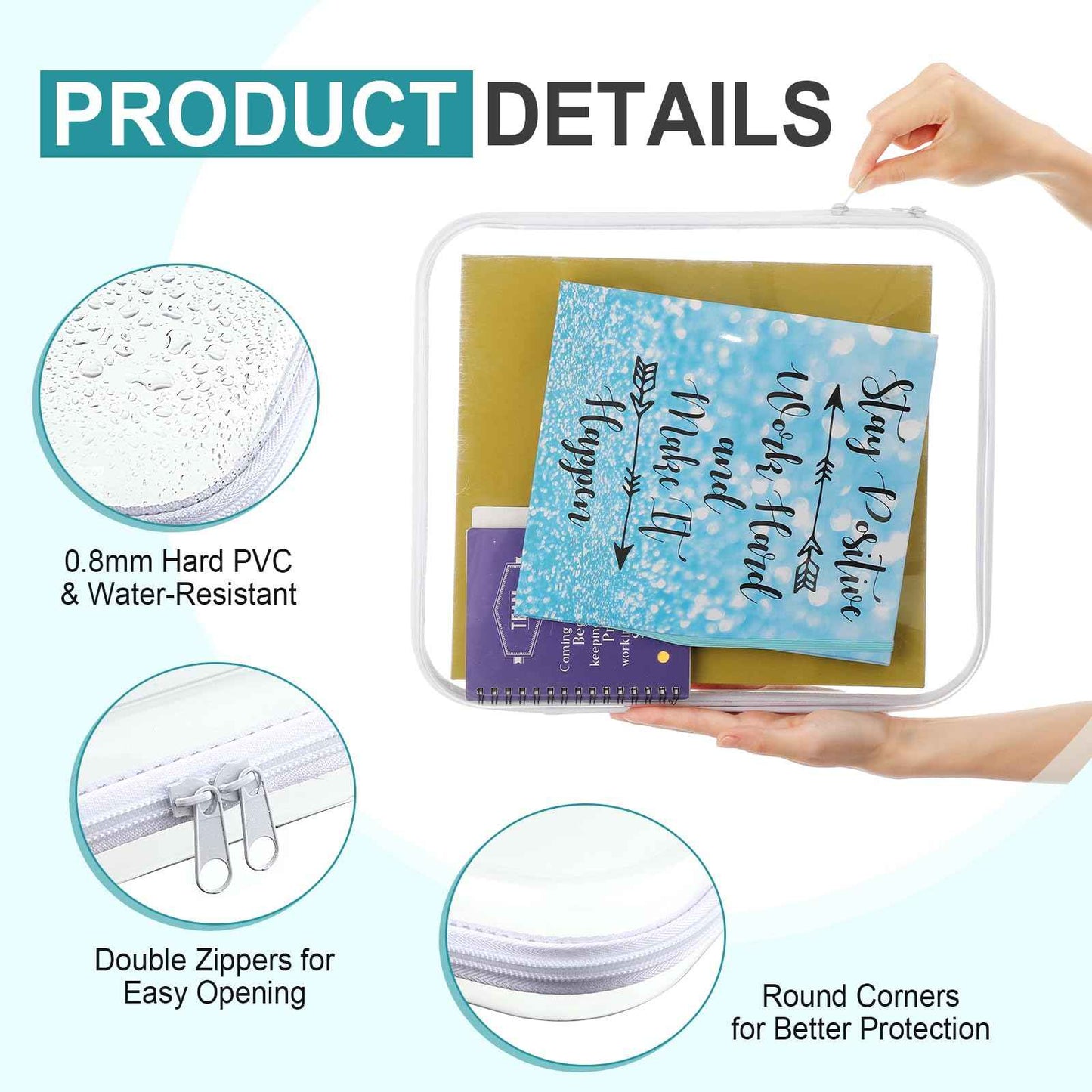 Hoolerry 4 Pcs Hard Clear Zipper Case Makeup Bags Plastic Pencil Pouch Transparent Storage Box Containers for Cosmetics, Snacks, Building Blocks, Puzzles(White,13.8 x 11.8 x 2 in)