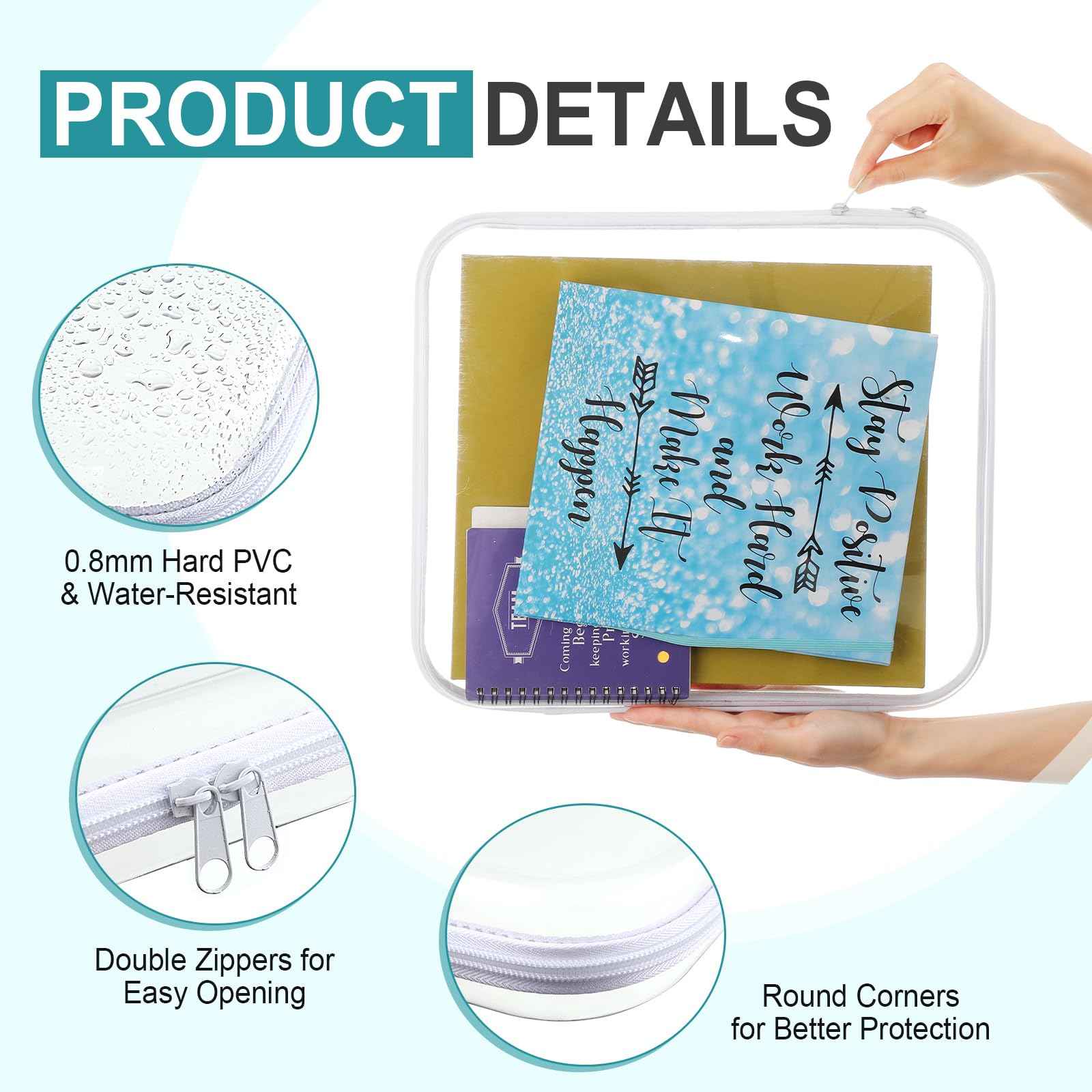 Hoolerry 4 Pcs Hard Clear Zipper Case Makeup Bags Plastic Pencil Pouch Transparent Storage Box Containers for Cosmetics, Snacks, Building Blocks, Puzzles(White,13.8 x 11.8 x 2 in)